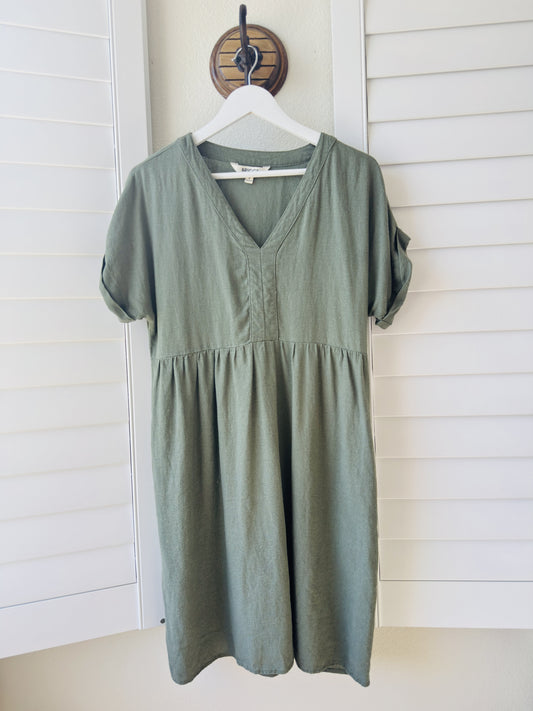 Briggs Olive Green V-Neck Gathered Empire Waist Dress Size S