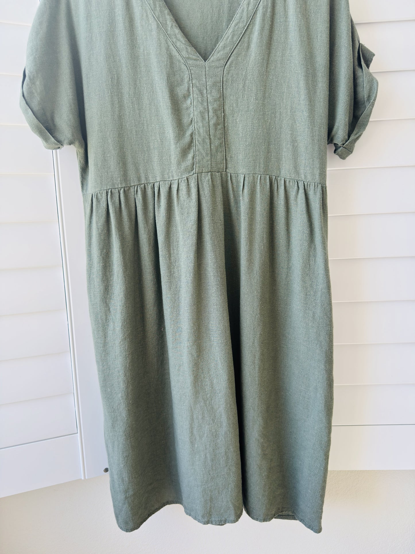 Briggs Olive Green V-Neck Gathered Empire Waist Dress Size S