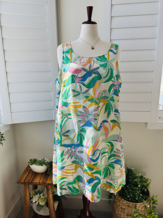 C&C California Tropical Palm Print Linen Sleeveless Dress Size 1X
