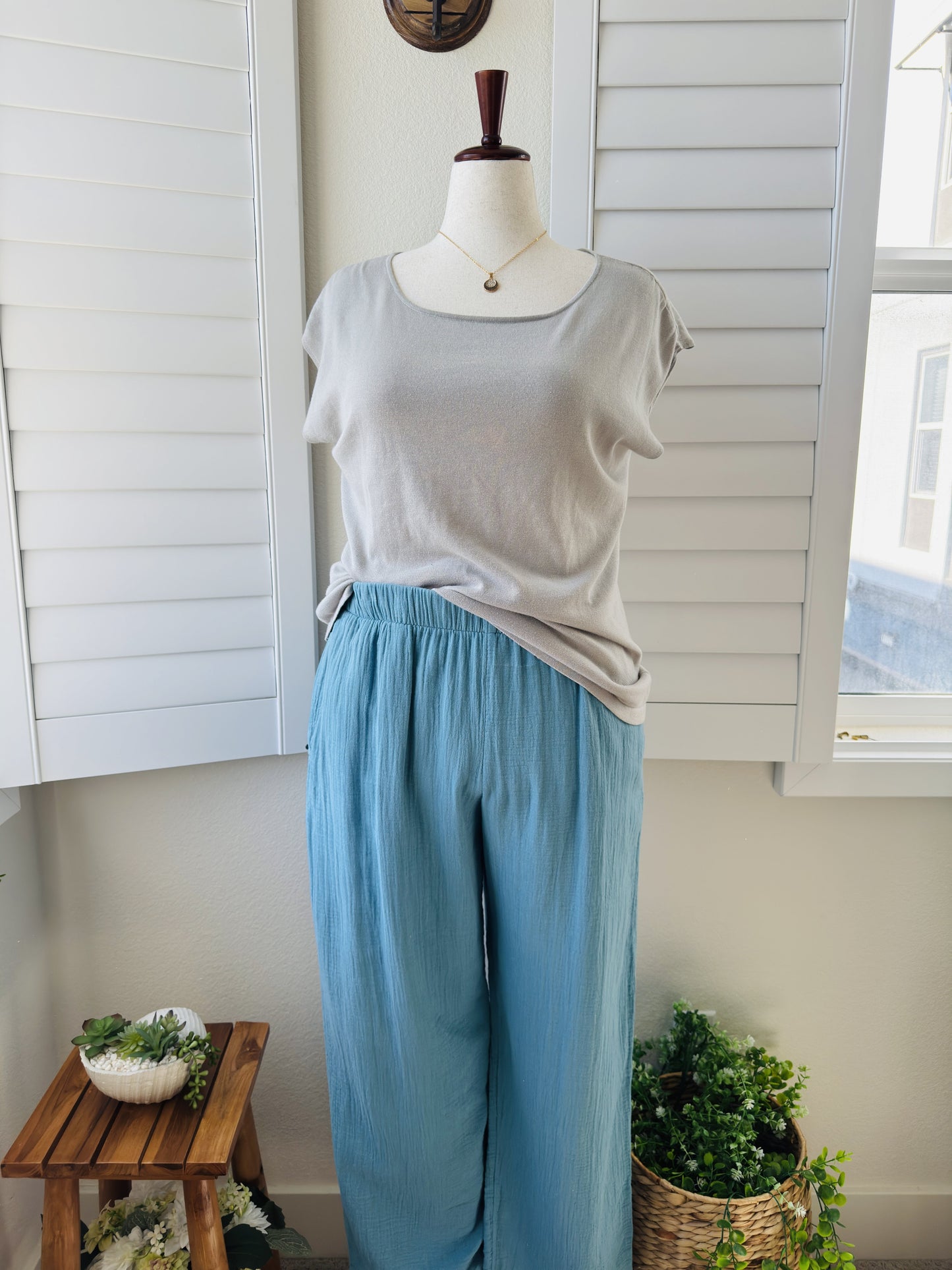 Coldwater Creek Blue 100% Cotton Gauze Wide Leg Pants Size L