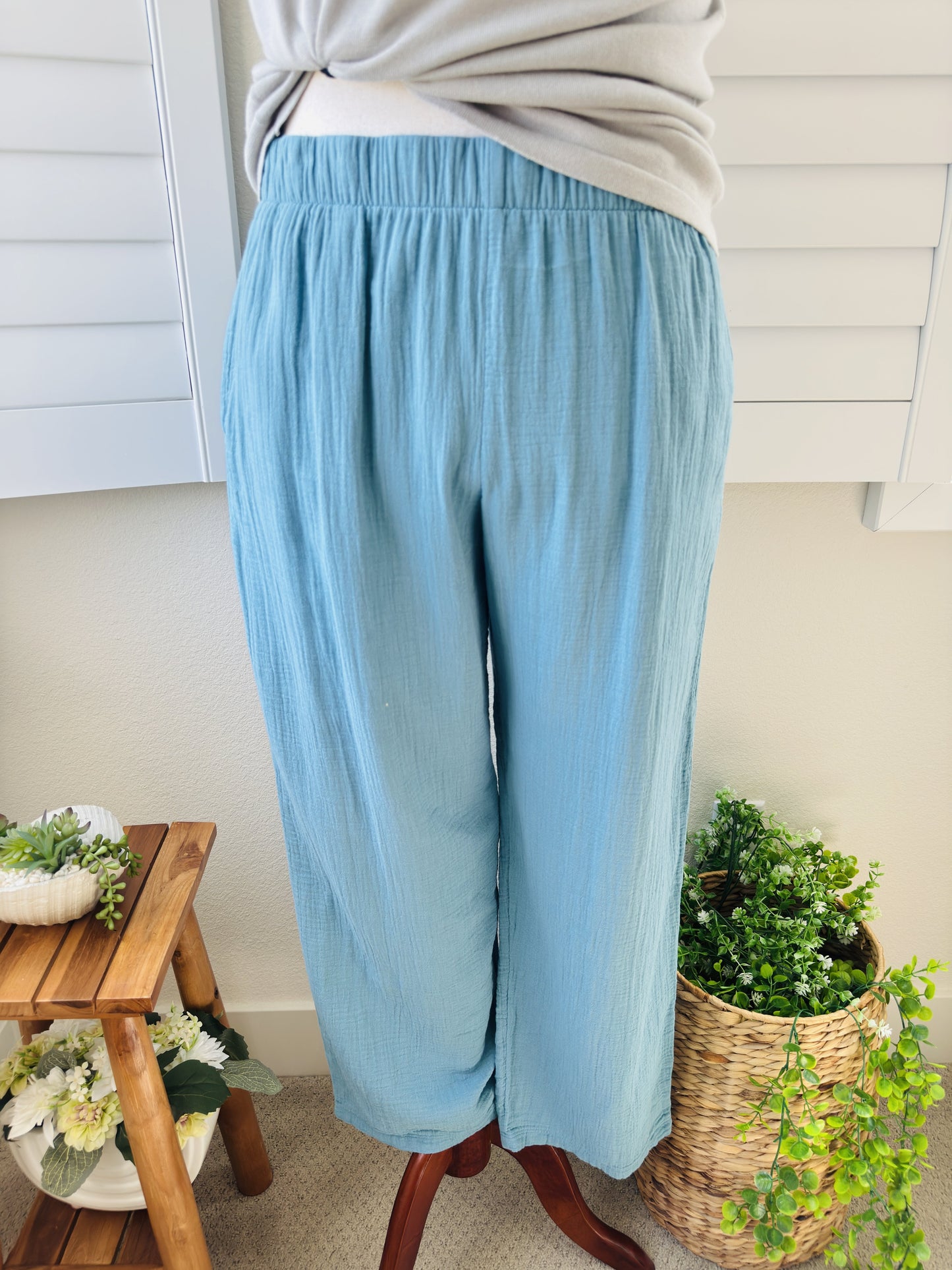 Coldwater Creek Blue 100% Cotton Gauze Wide Leg Pants Size L