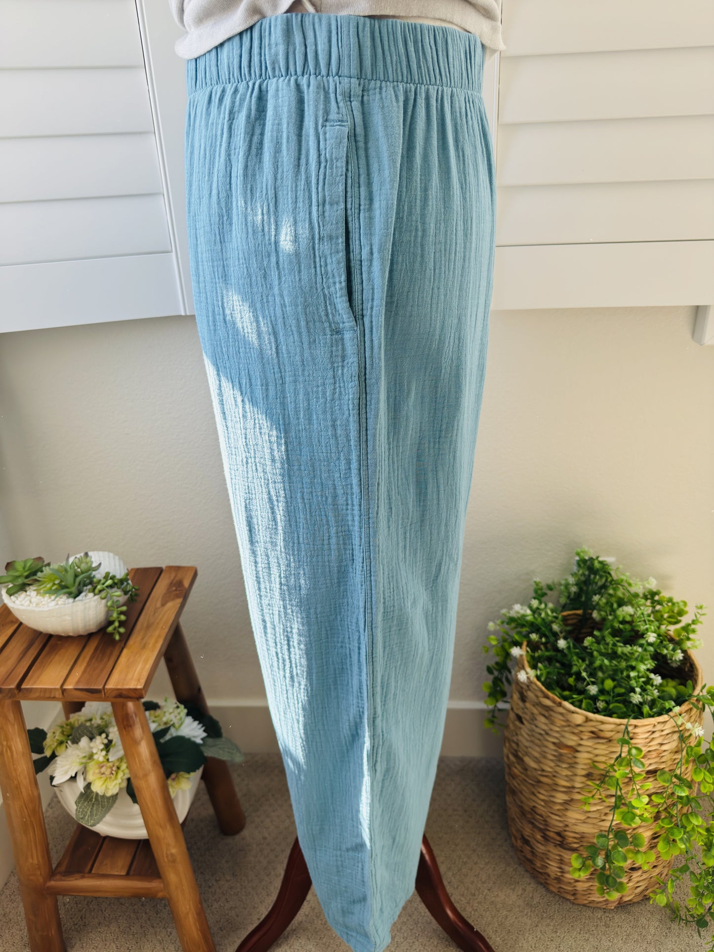 Coldwater Creek Blue 100% Cotton Gauze Wide Leg Pants Size L