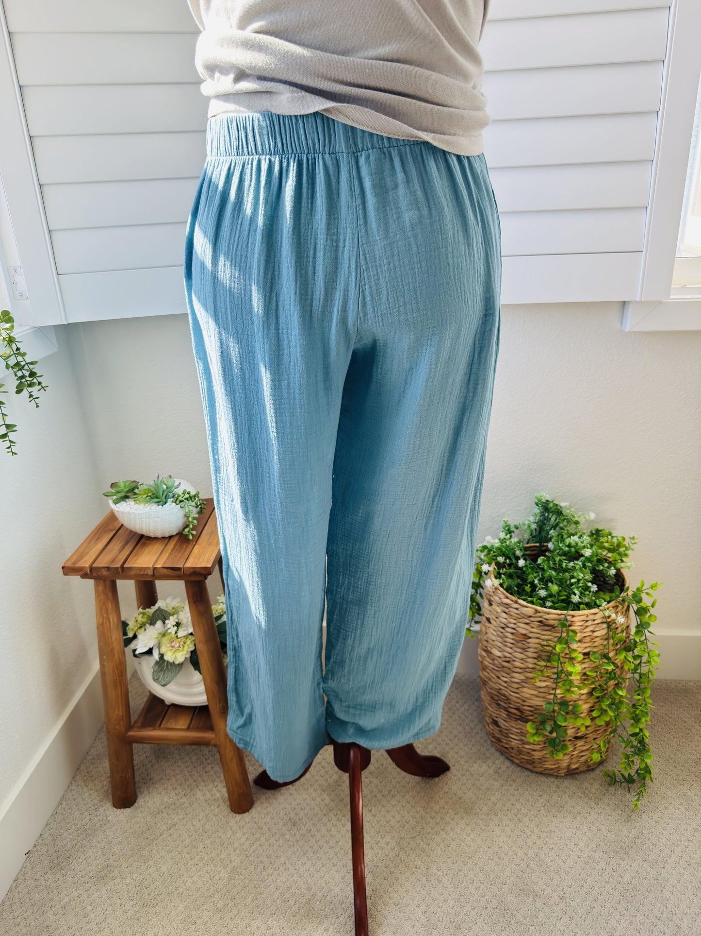 Coldwater Creek Blue 100% Cotton Gauze Wide Leg Pants Size L