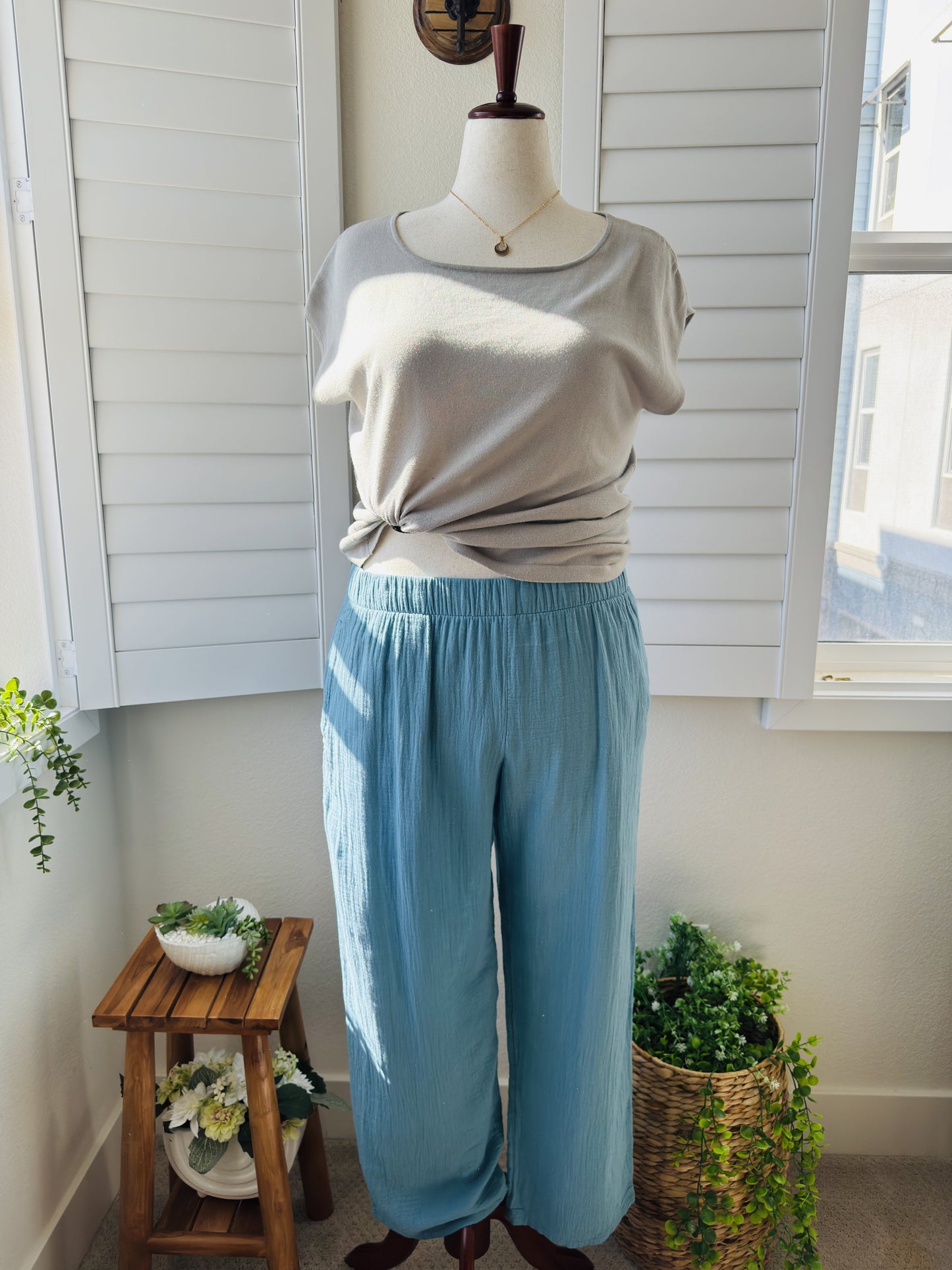 Coldwater Creek Blue 100% Cotton Gauze Wide Leg Pants Size L