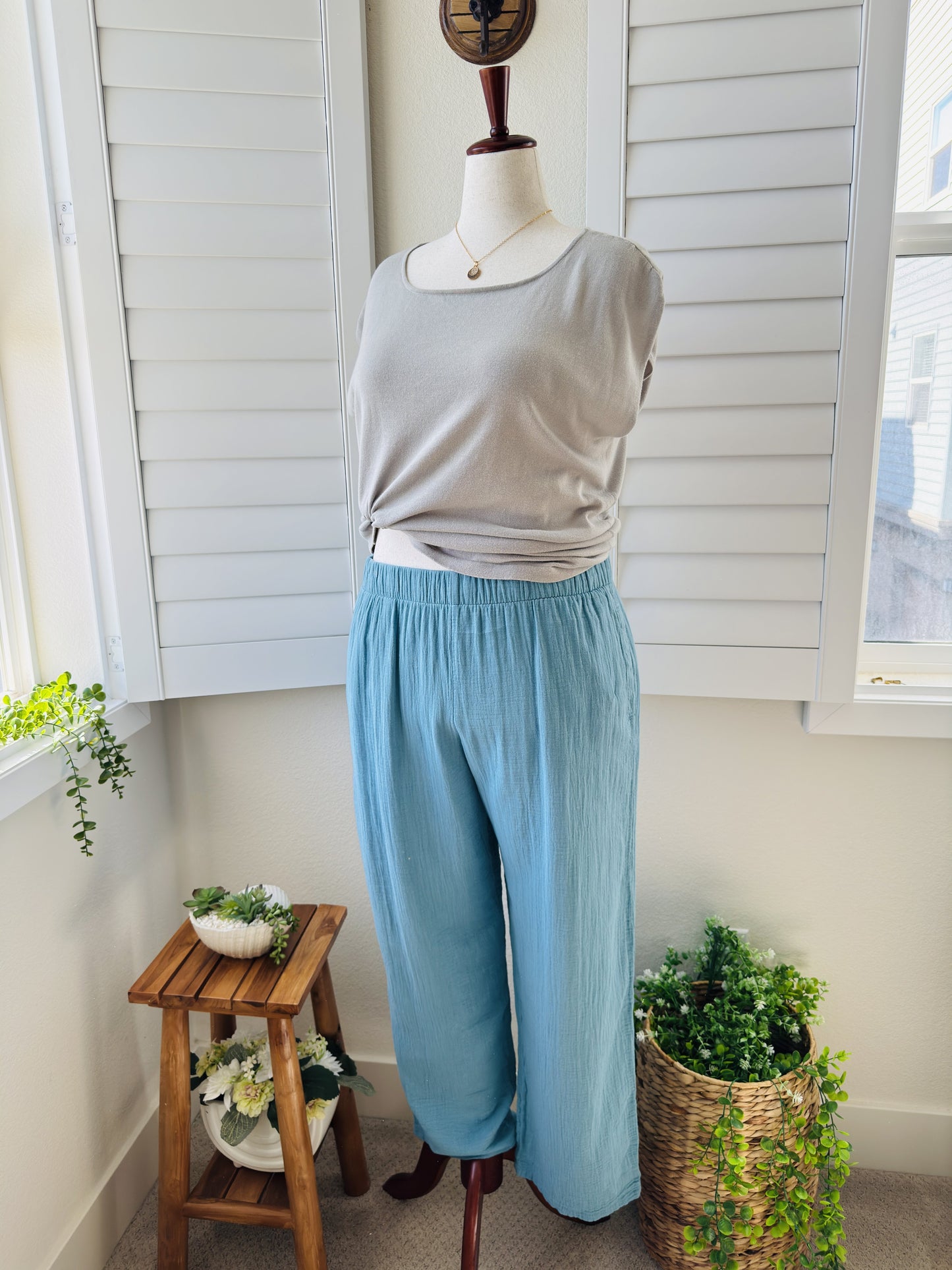 Coldwater Creek Blue 100% Cotton Gauze Wide Leg Pants Size L