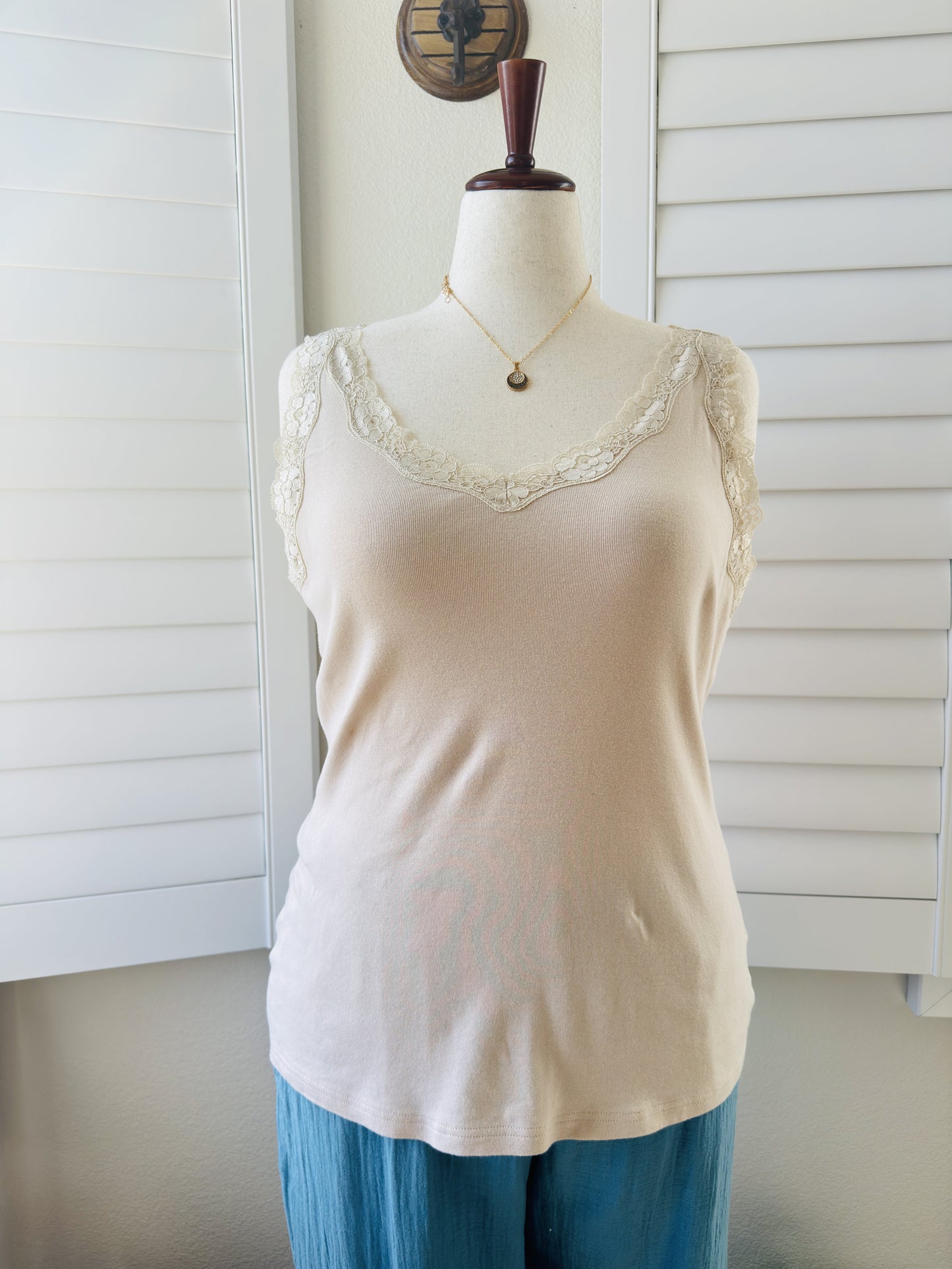 Karen Scott Beige Lace Trim Cotton Tank Top Size XL