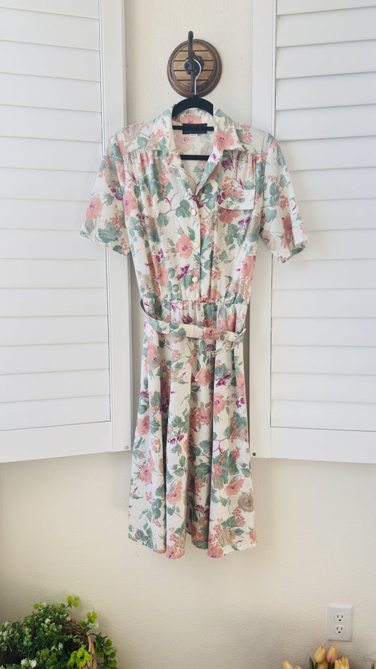 Vintage Just In Thyme Ltd Floral Belted Short Sleeve Midi Dress - Size 10