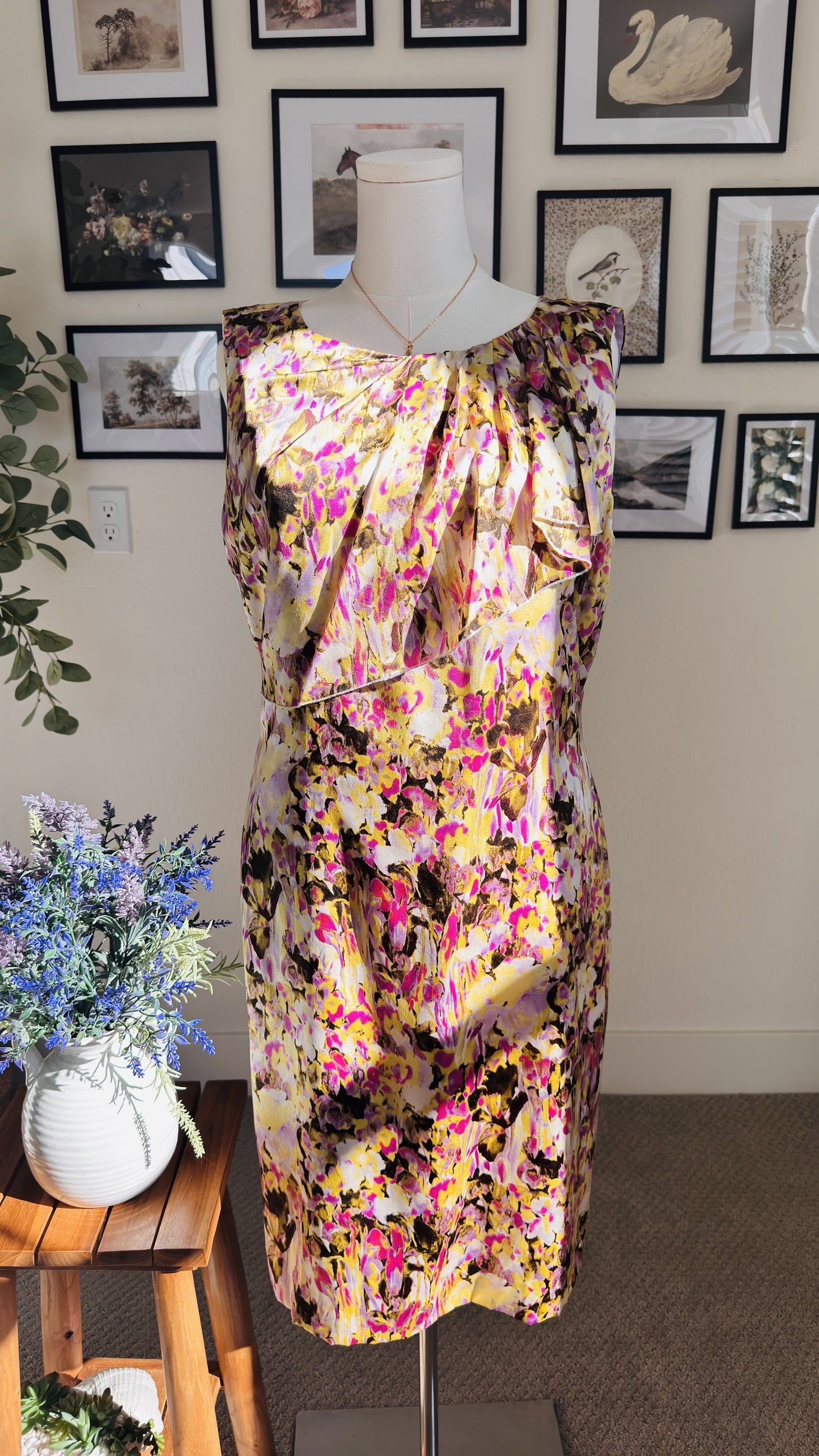 Tahari Arthur S. Levine Silk Floral Ruffle Sheath Dress - Size 14