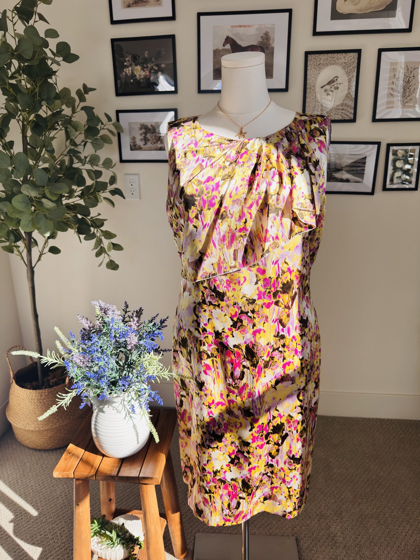 Tahari Arthur S. Levine Silk Floral Ruffle Sheath Dress - Size 14