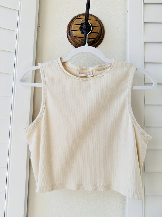 Bombay & Paisley Cream Ribbed Knit Crop Tank Top - Size L