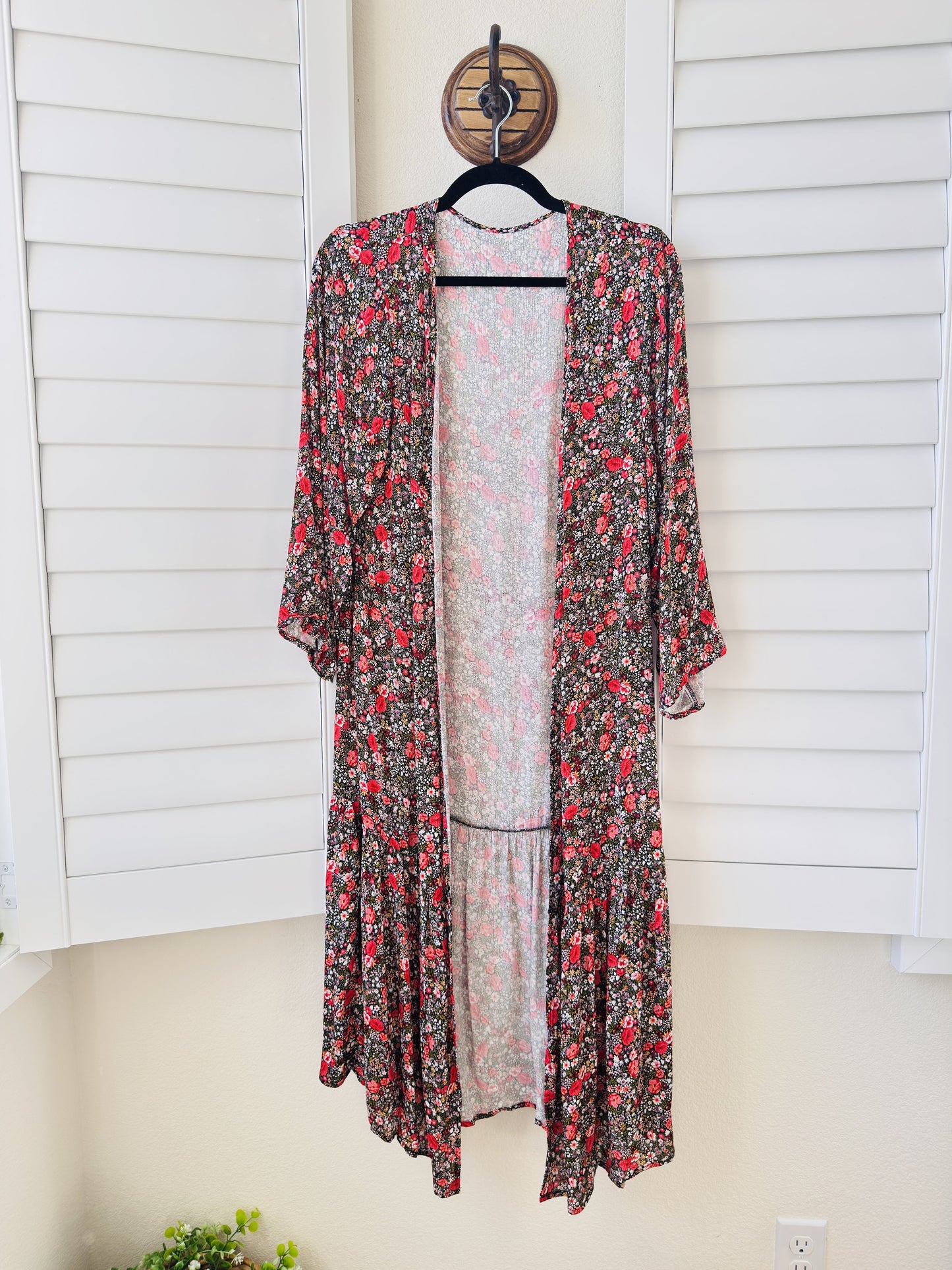 Floral Print Open-Front Duster Kimono Cardigan - Size S