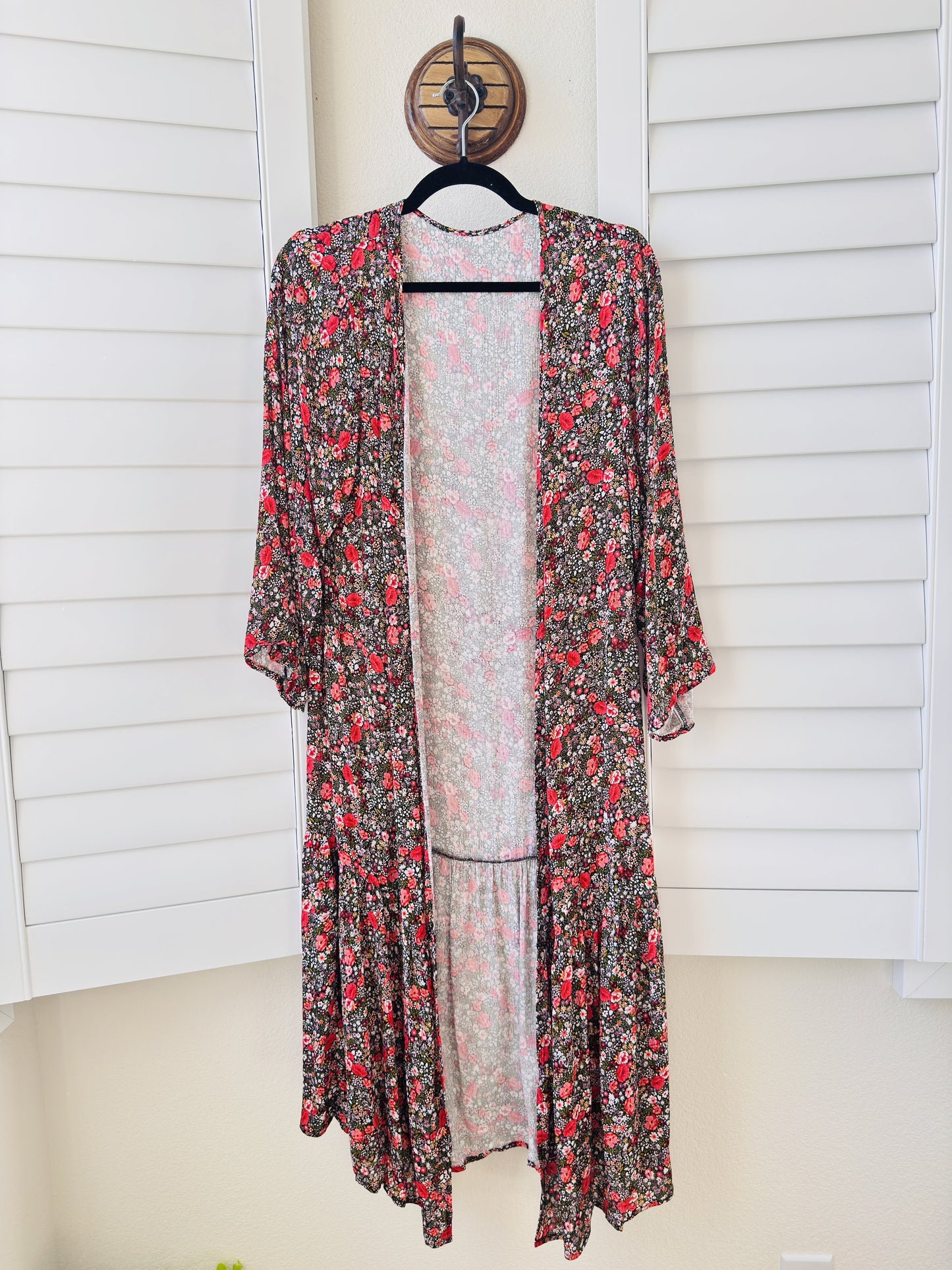 Floral Print Open-Front Duster Kimono Cardigan - Size S