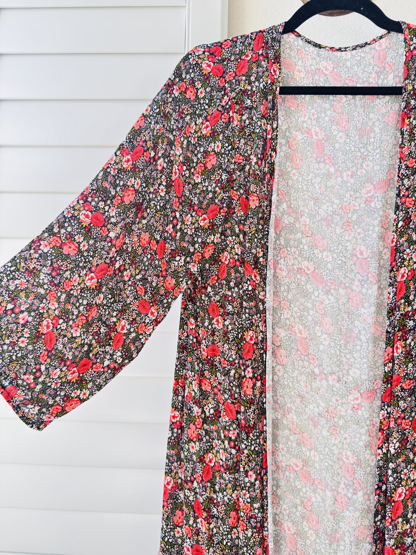 Floral Print Open-Front Duster Kimono Cardigan - Size S