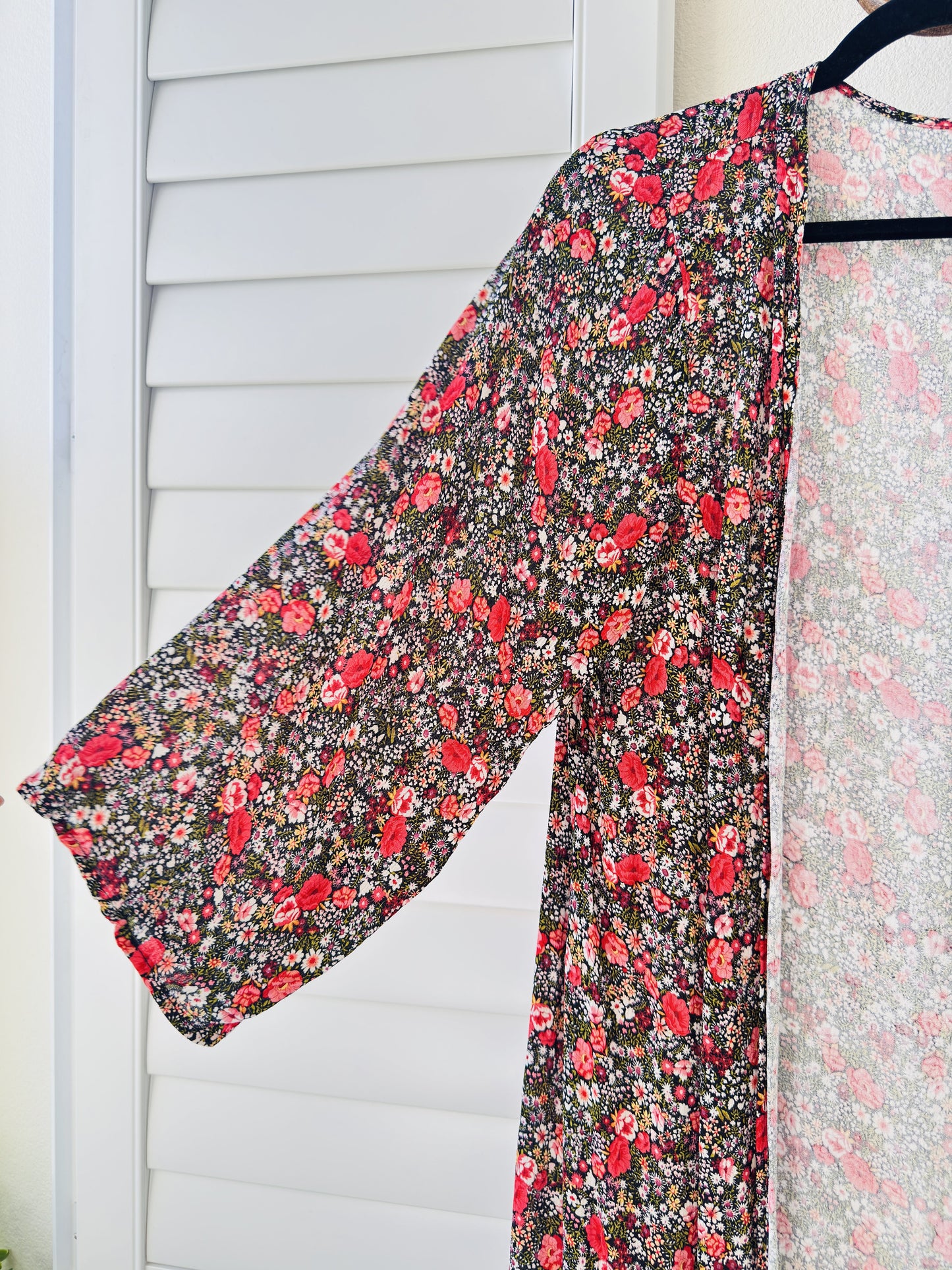 Floral Print Open-Front Duster Kimono Cardigan - Size S