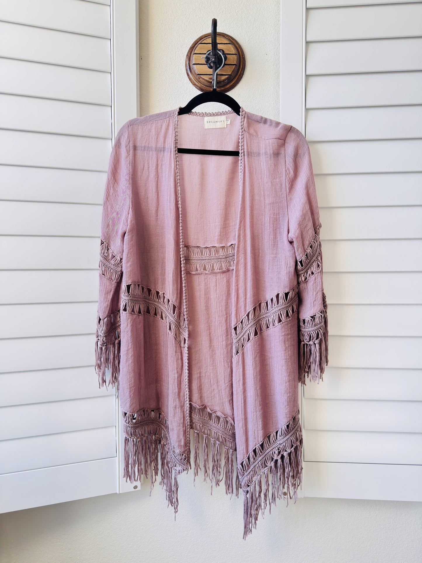 Dreamers Dusty Rose Crochet Fringe Kimono Cardigan - Size L