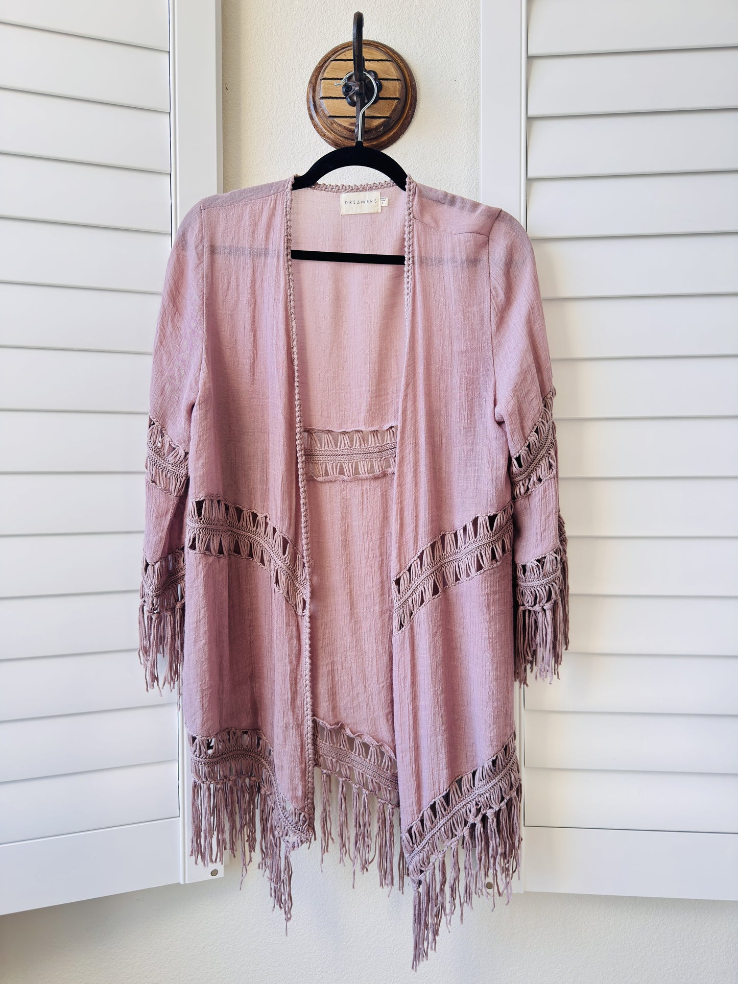 Dreamers Dusty Rose Crochet Fringe Kimono Cardigan - Size L