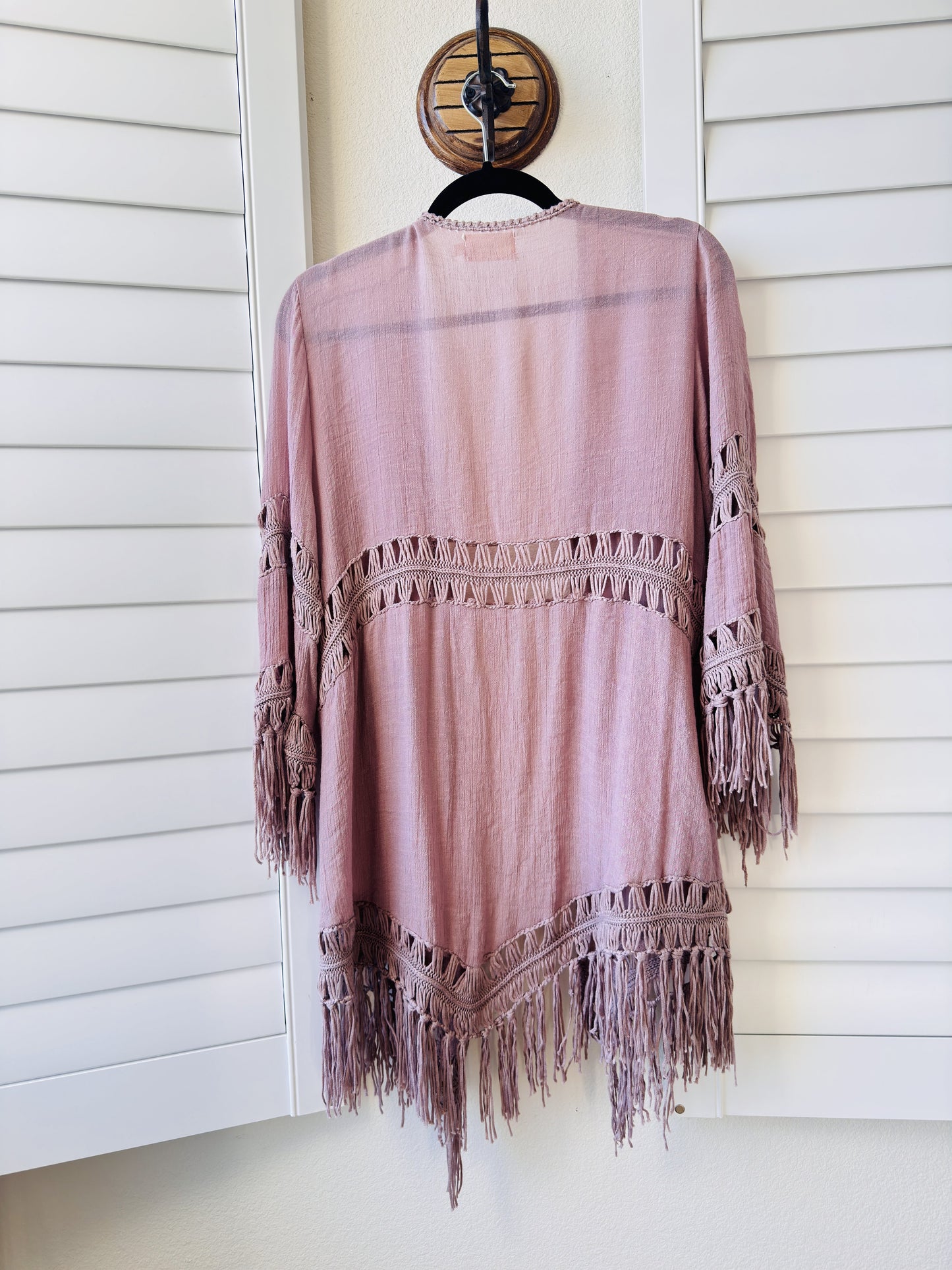 Dreamers Dusty Rose Crochet Fringe Kimono Cardigan - Size L