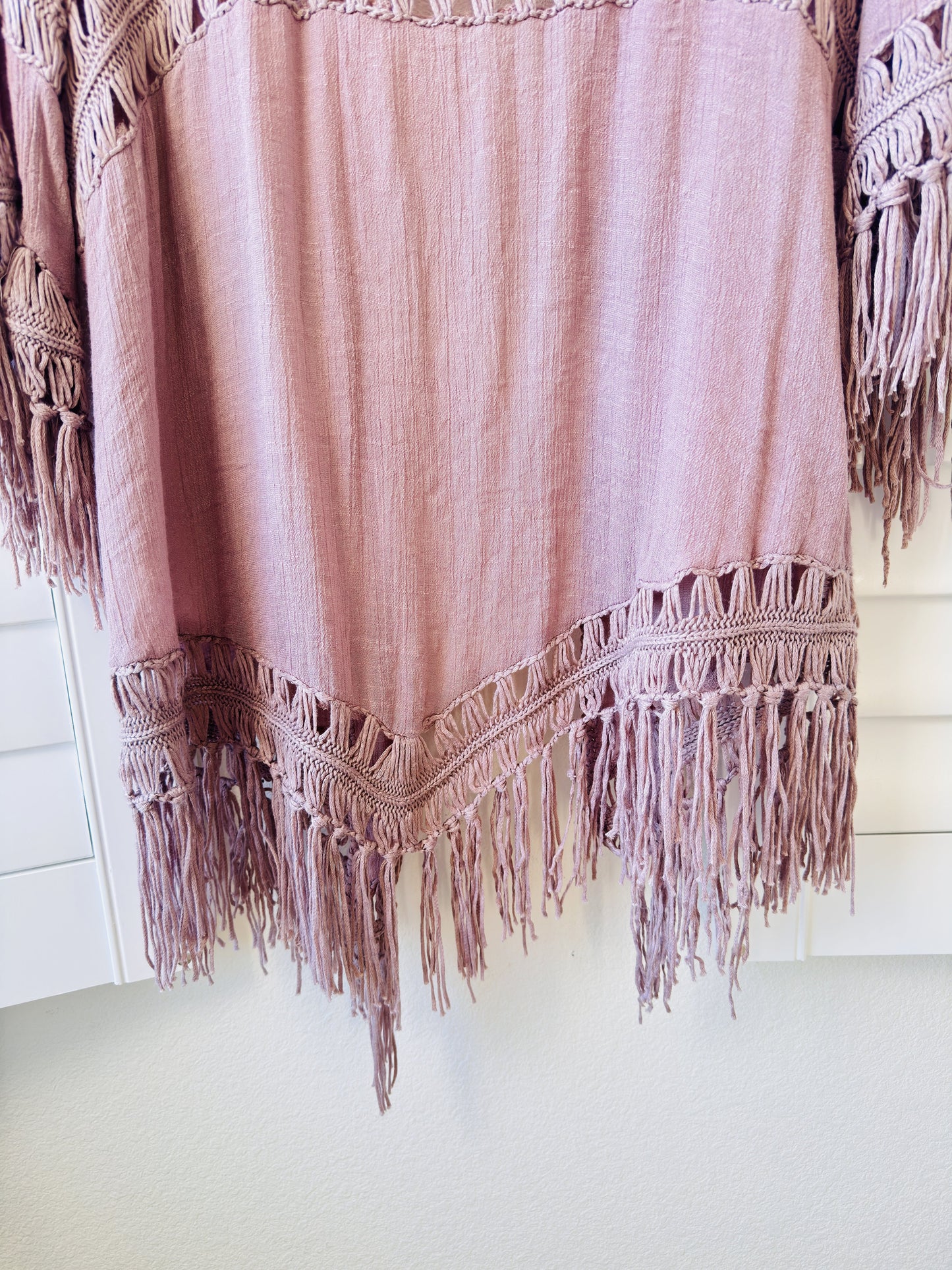 Dreamers Dusty Rose Crochet Fringe Kimono Cardigan - Size L