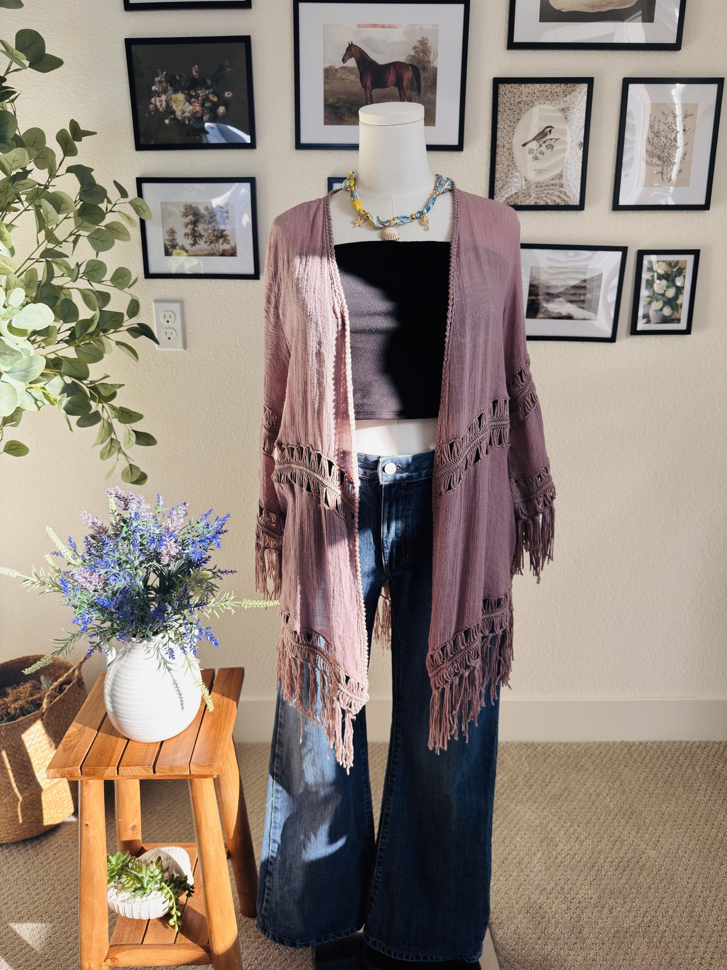 Dreamers Dusty Rose Crochet Fringe Kimono Cardigan - Size L