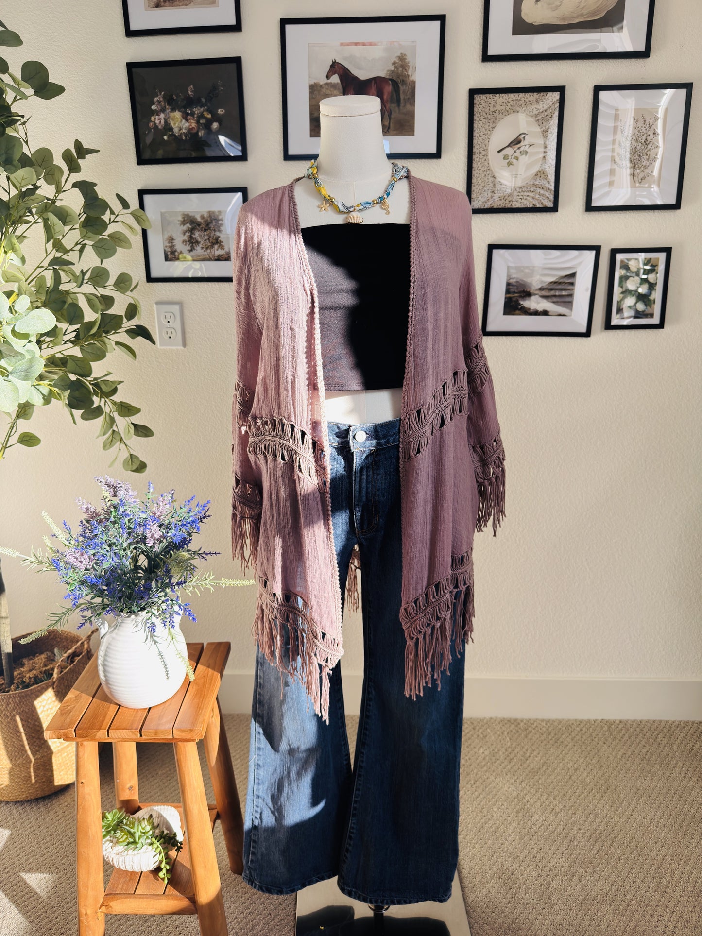 Dreamers Dusty Rose Crochet Fringe Kimono Cardigan - Size L
