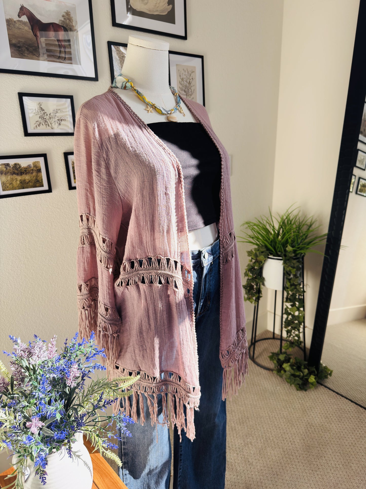 Dreamers Dusty Rose Crochet Fringe Kimono Cardigan - Size L