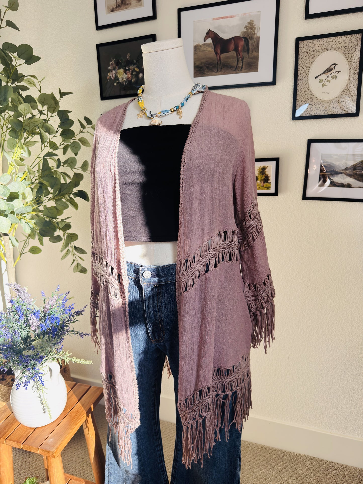 Dreamers Dusty Rose Crochet Fringe Kimono Cardigan - Size L
