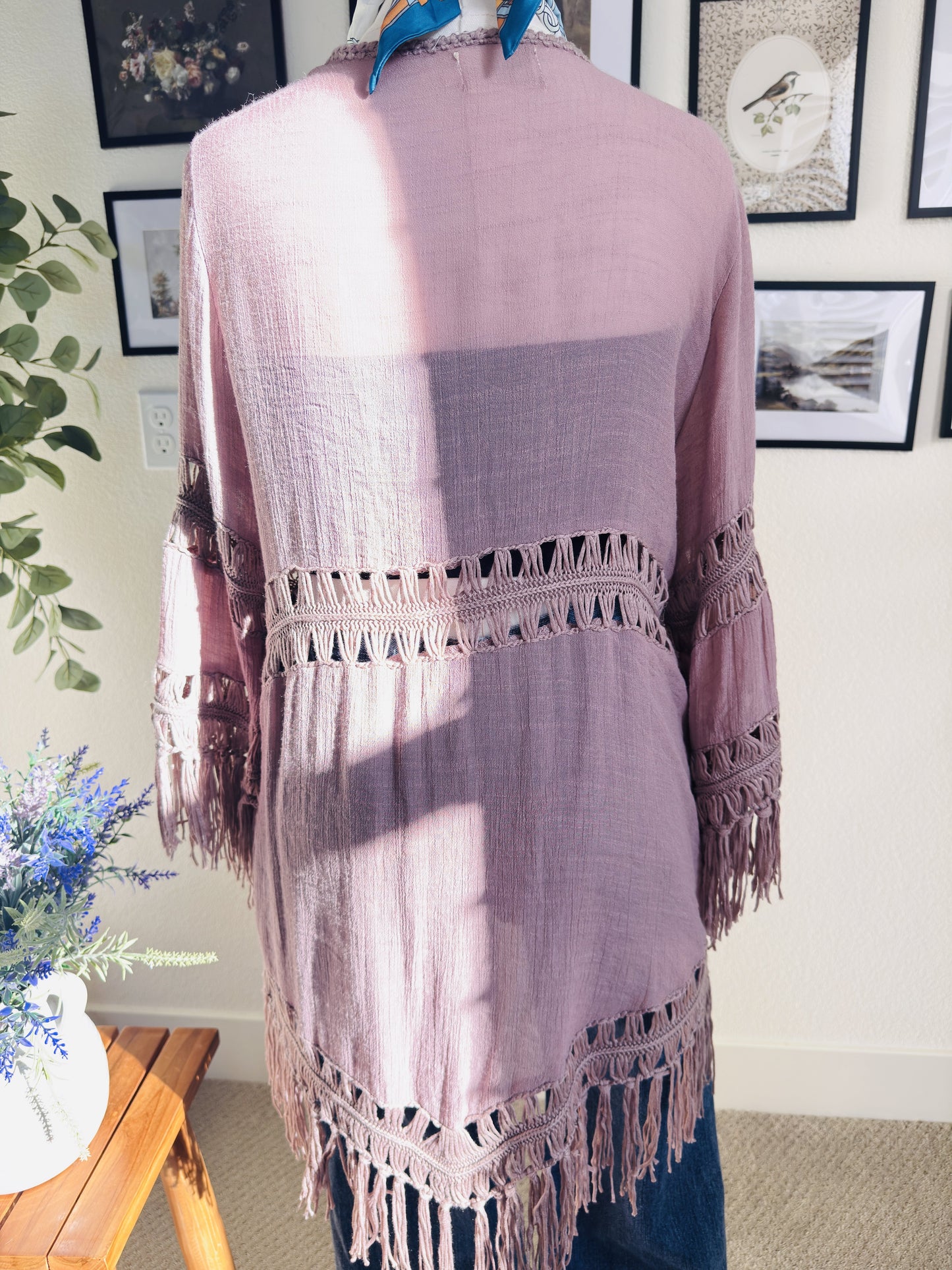 Dreamers Dusty Rose Crochet Fringe Kimono Cardigan - Size L