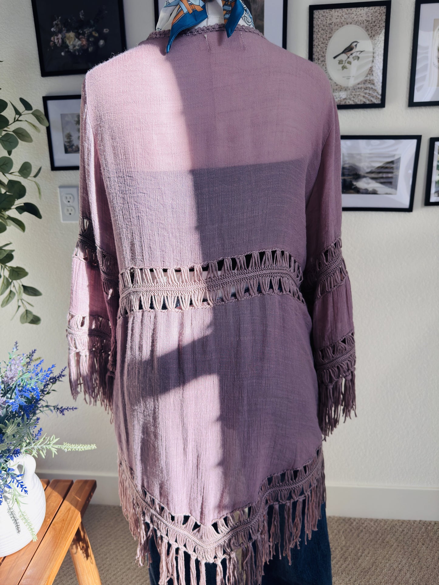 Dreamers Dusty Rose Crochet Fringe Kimono Cardigan - Size L