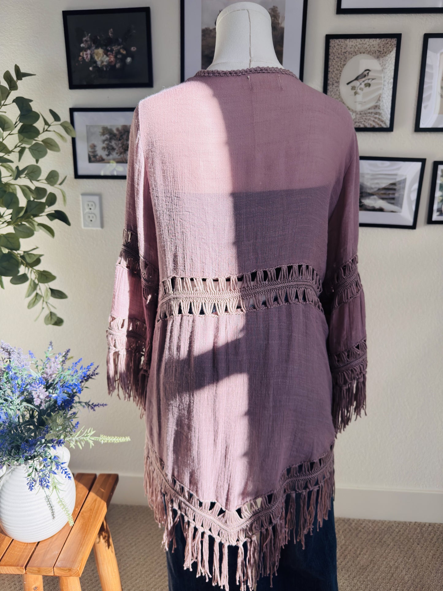 Dreamers Dusty Rose Crochet Fringe Kimono Cardigan - Size L