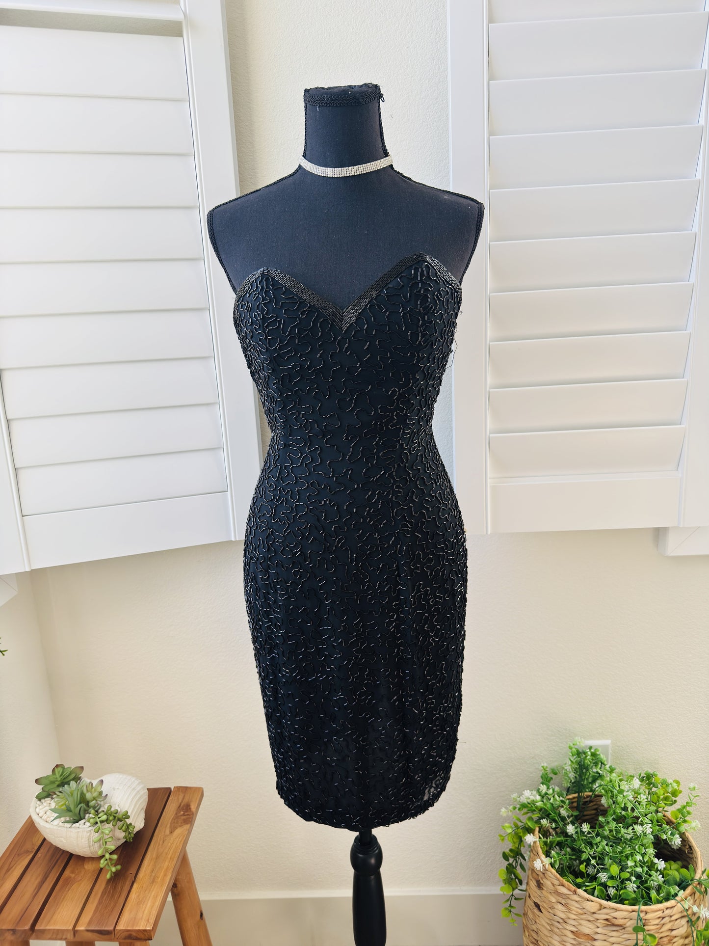Vintage Black Tie by He-Ro Industries Silk Hand-Beaded Sweetheart Dress Size 4