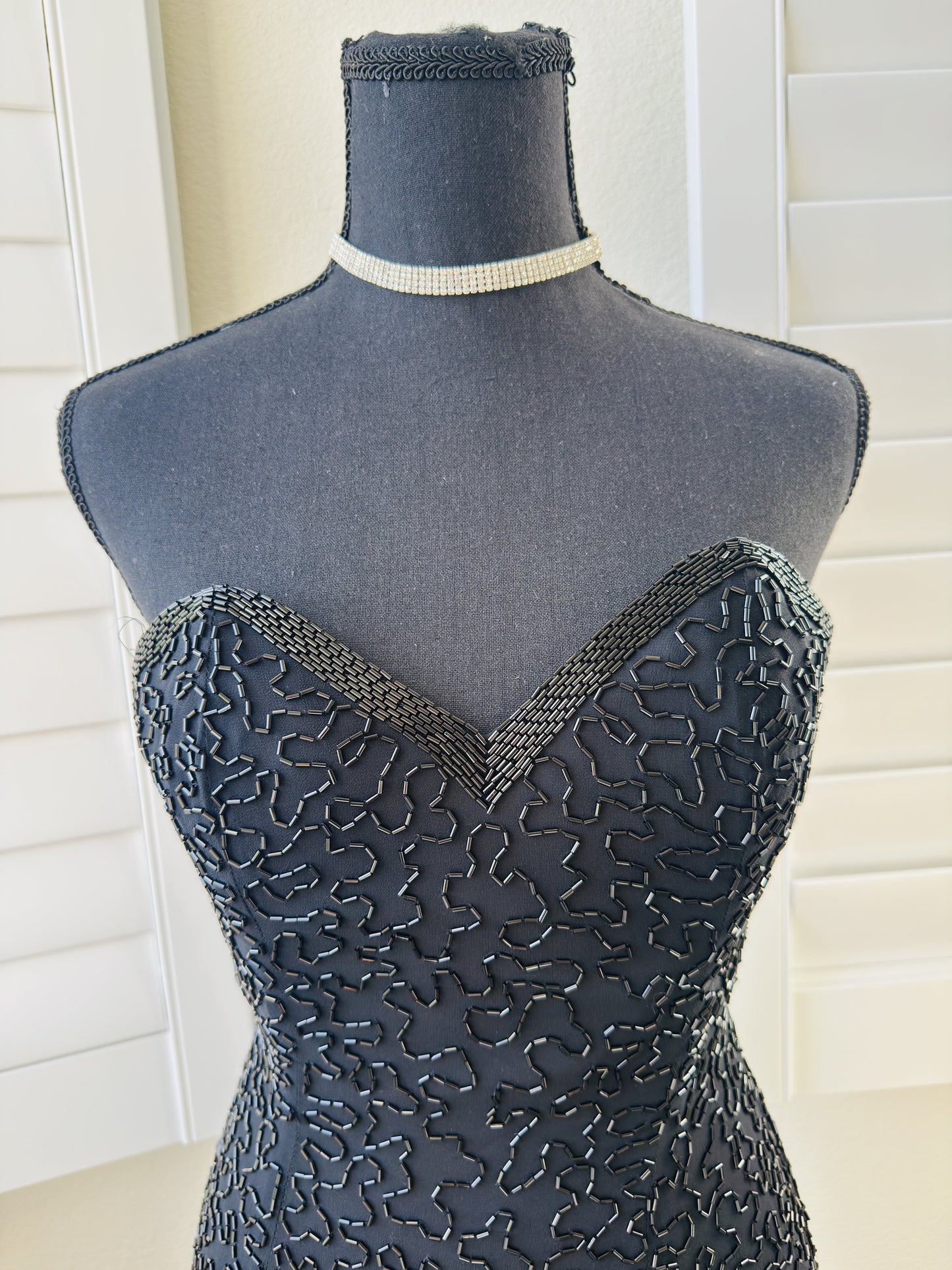 Vintage Black Tie by He-Ro Industries Silk Hand-Beaded Sweetheart Dress Size 4