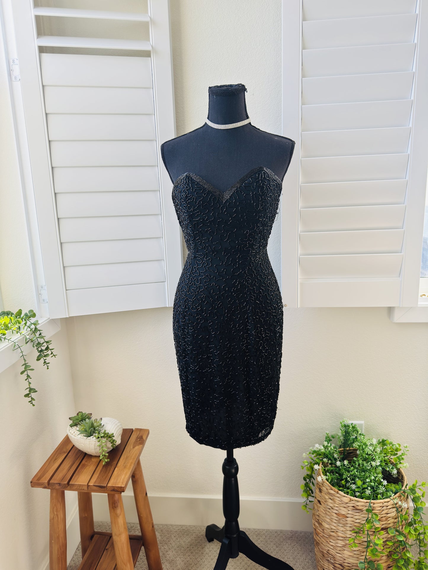Vintage Black Tie by He-Ro Industries Silk Hand-Beaded Sweetheart Dress Size 4