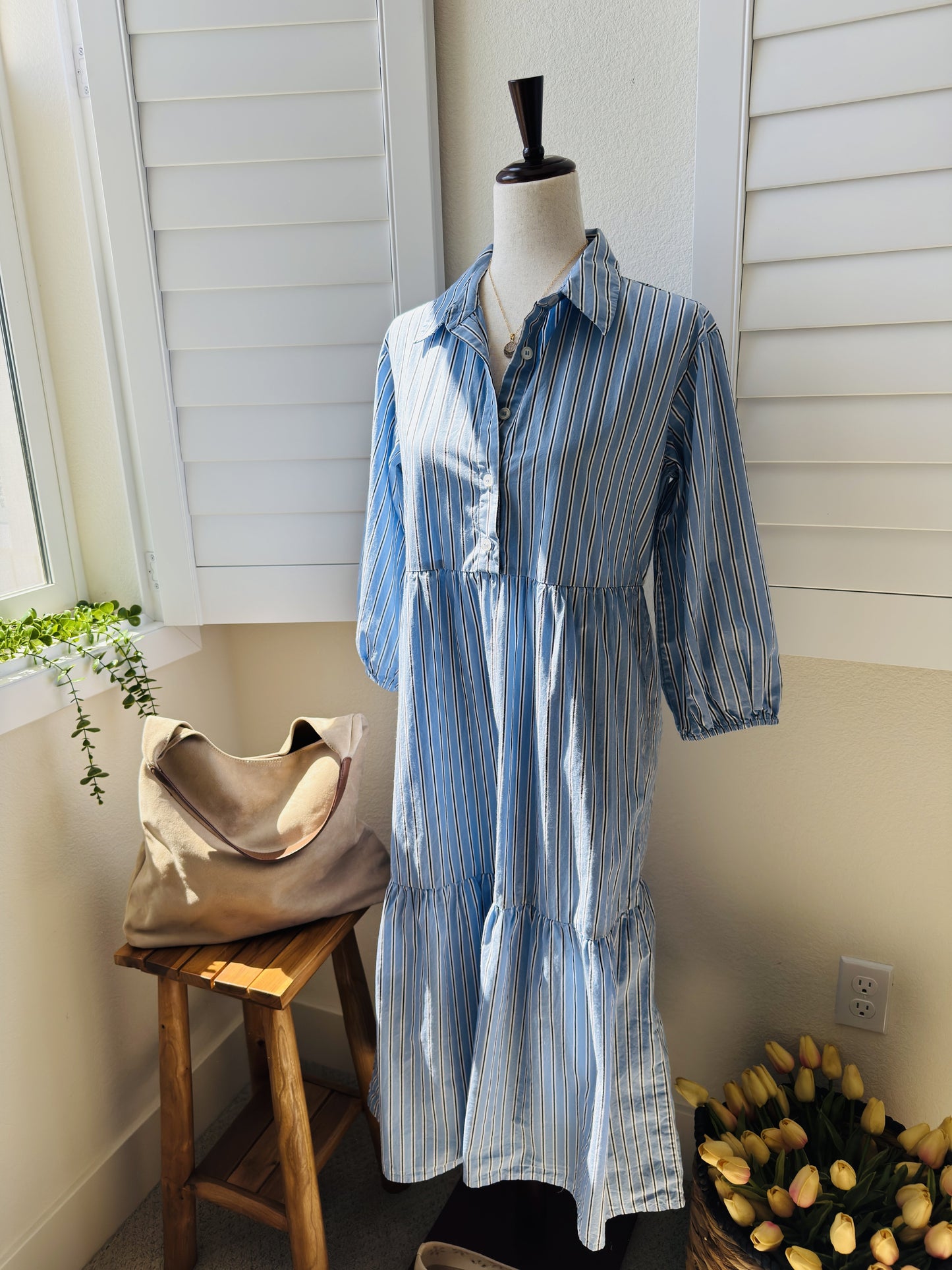Quince Blue Striped 100% Organic Cotton Tiered Midi Shirt Dress, Size S