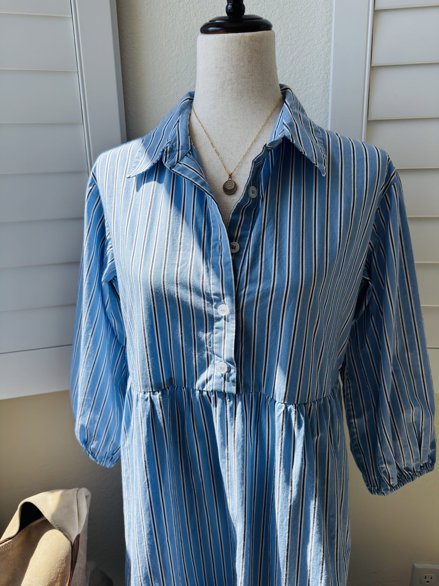 Quince Blue Striped 100% Organic Cotton Tiered Midi Shirt Dress, Size S