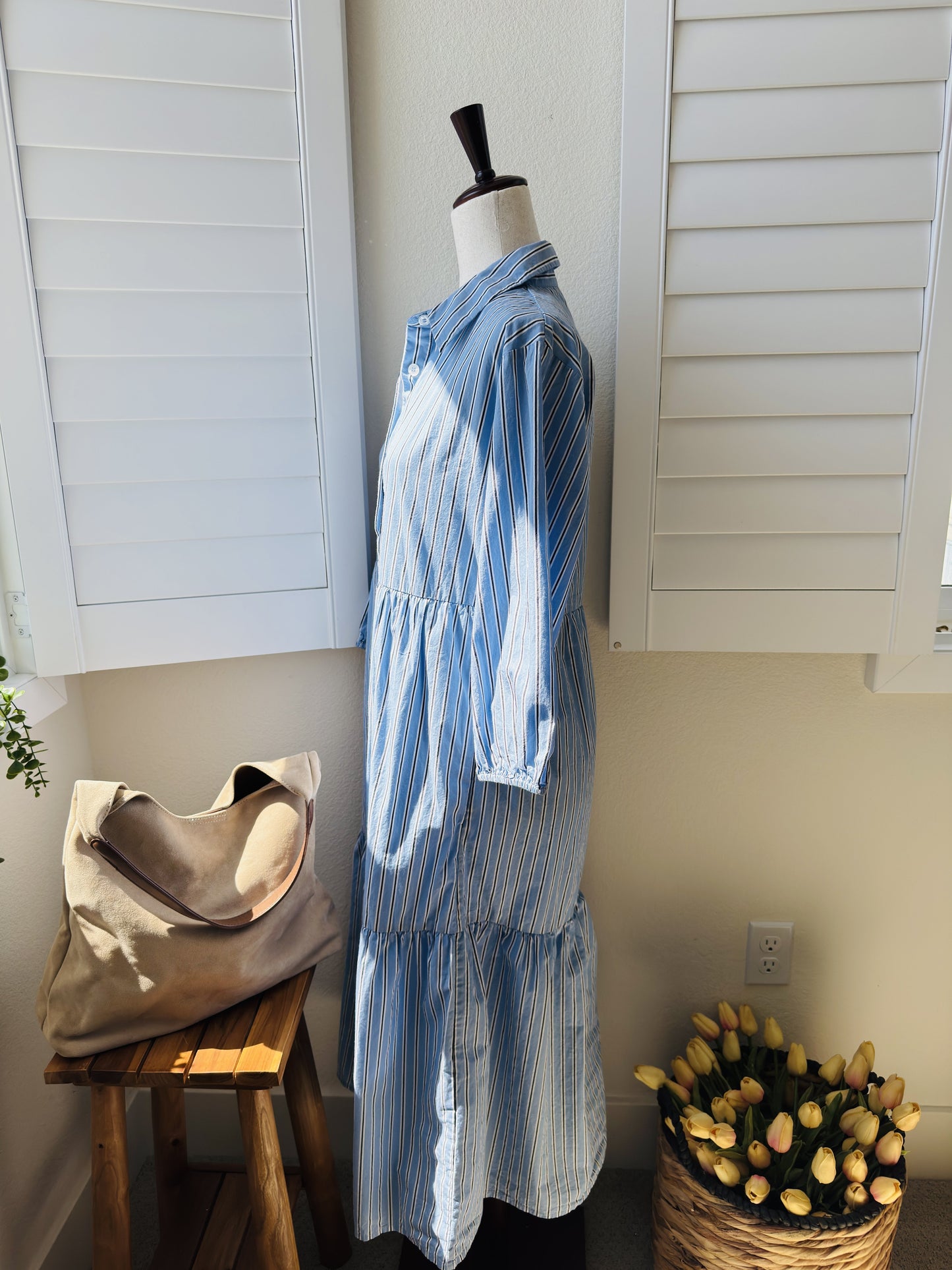 Quince Blue Striped 100% Organic Cotton Tiered Midi Shirt Dress, Size S