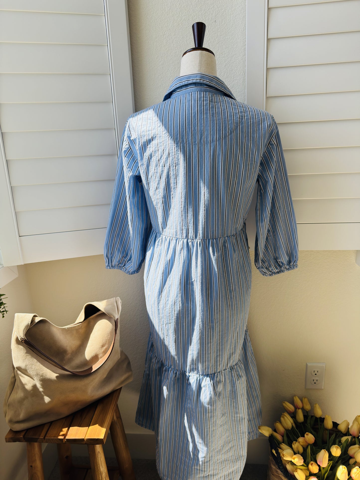 Quince Blue Striped 100% Organic Cotton Tiered Midi Shirt Dress, Size S