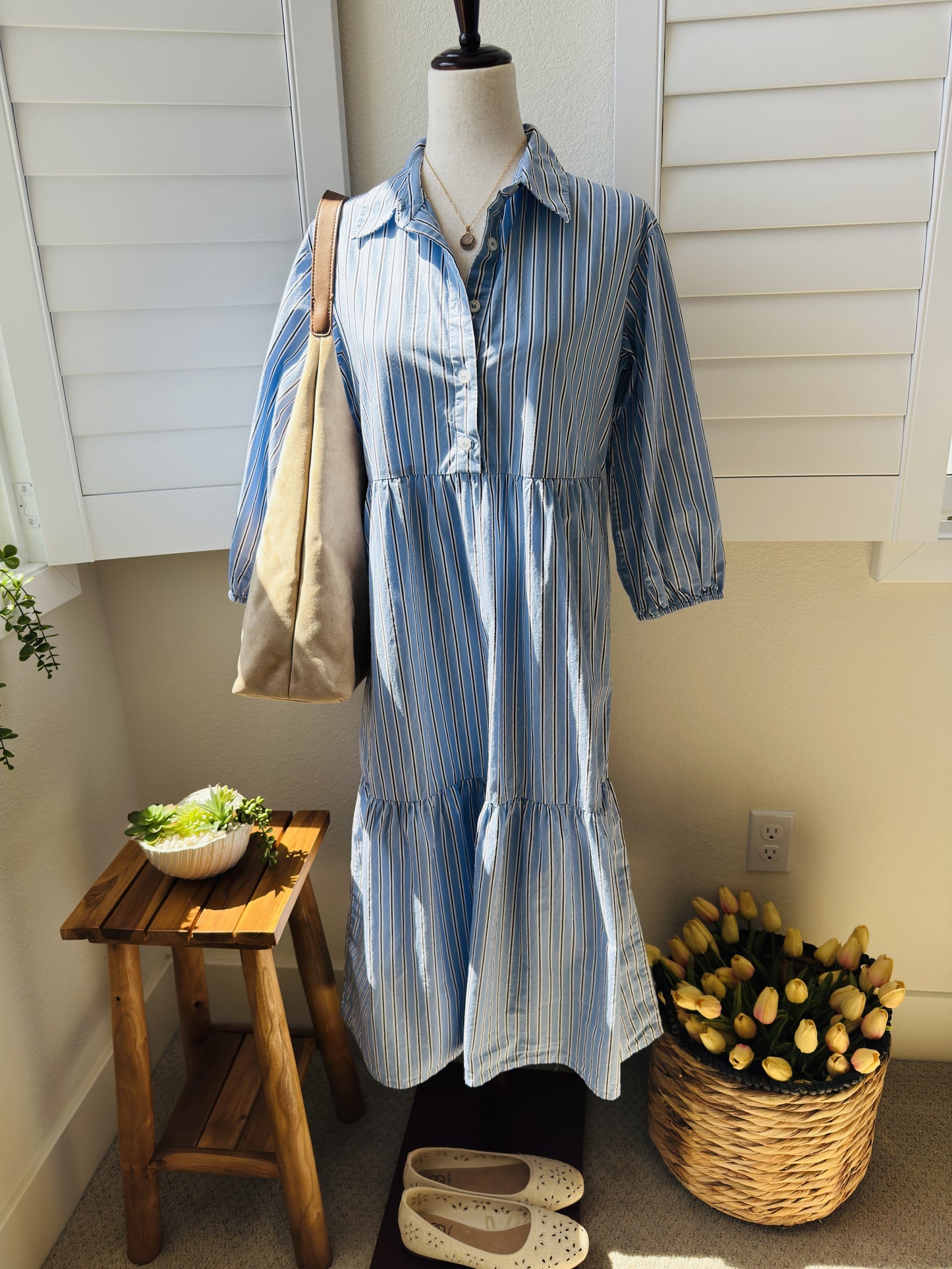 Quince Blue Striped 100% Organic Cotton Tiered Midi Shirt Dress, Size S