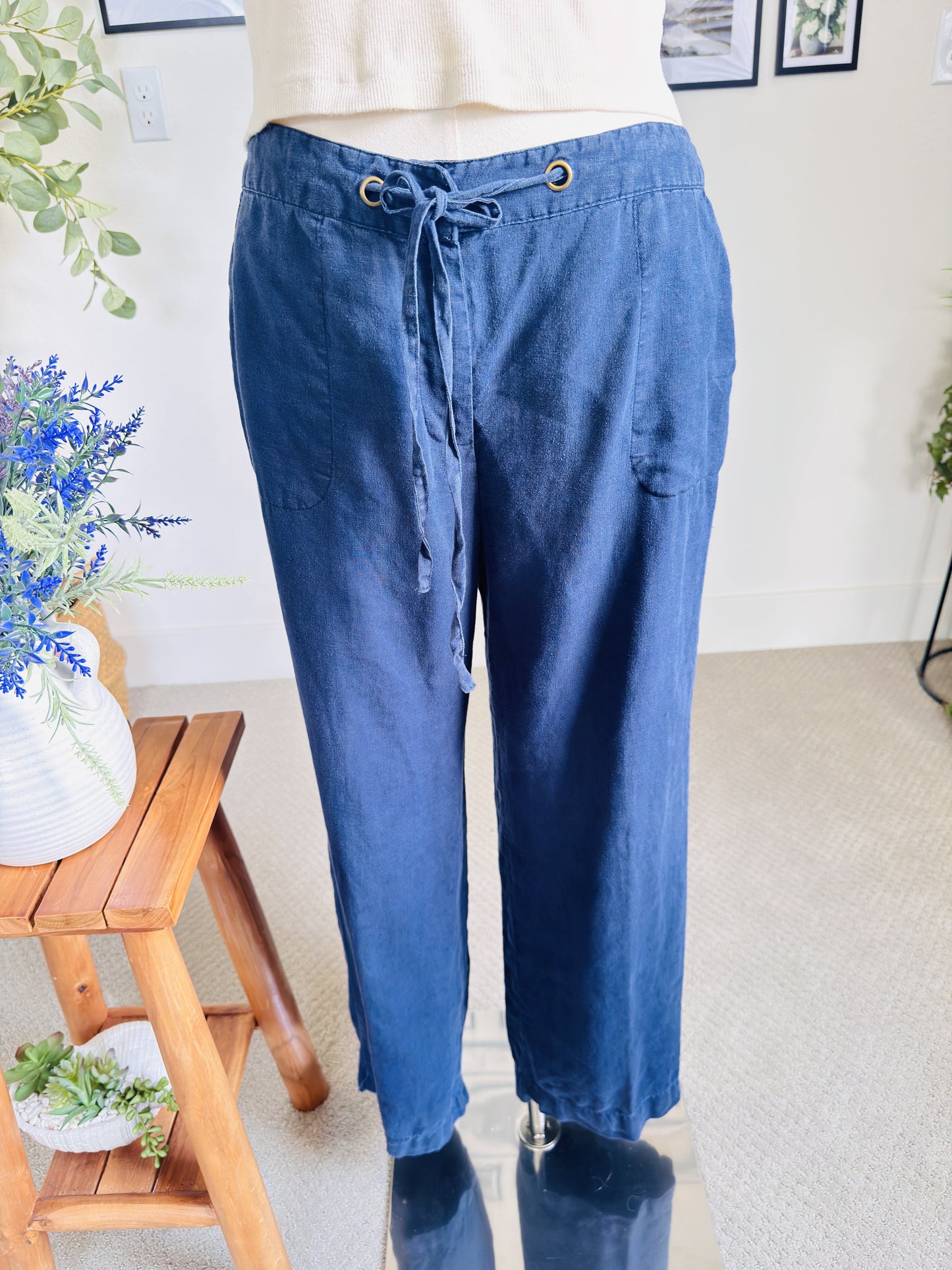 Charter Club Blue 100% Linen Drawstring Wide Leg Pants Size L
