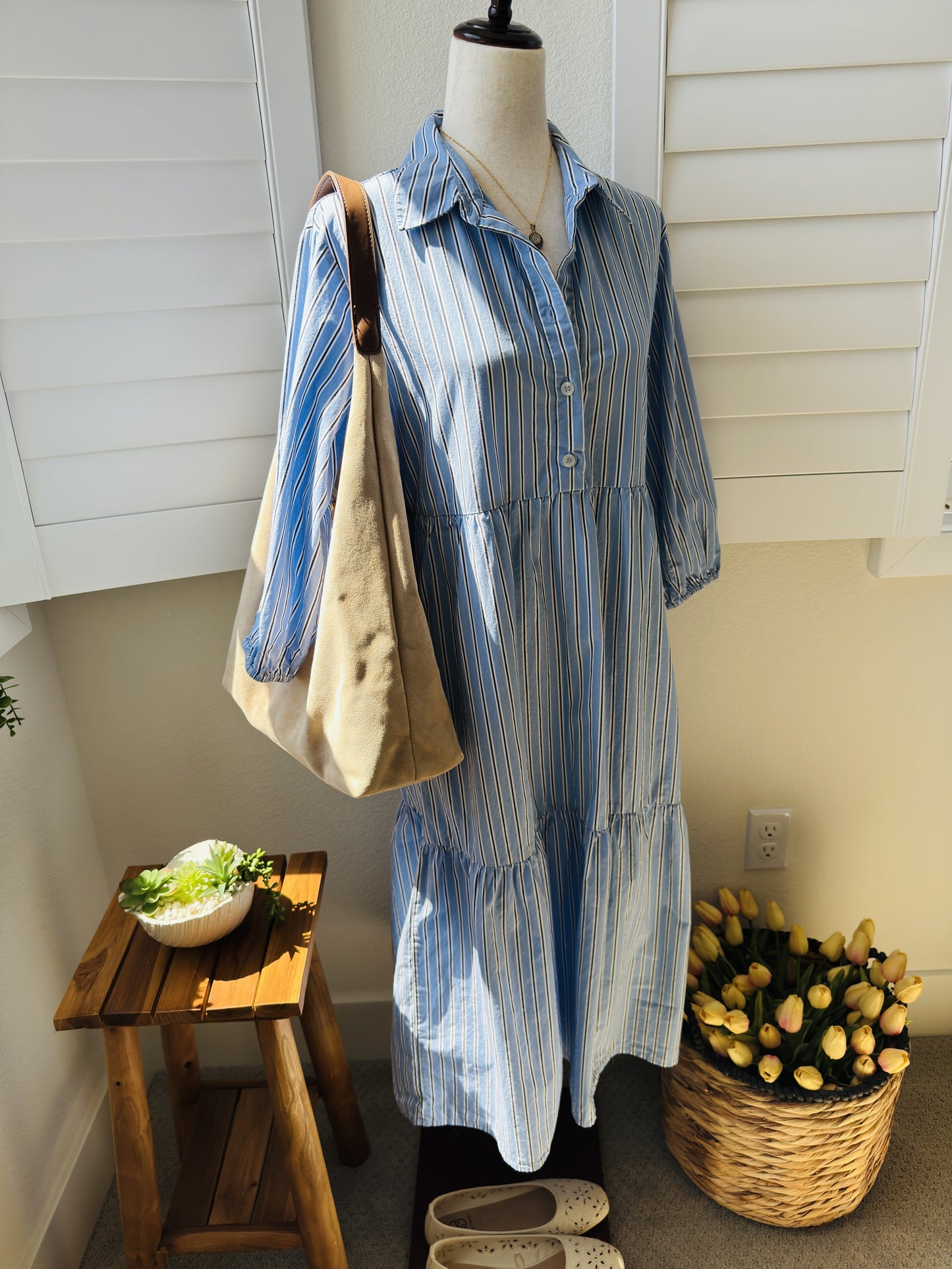Quince Blue Striped 100% Organic Cotton Tiered Midi Shirt Dress, Size S
