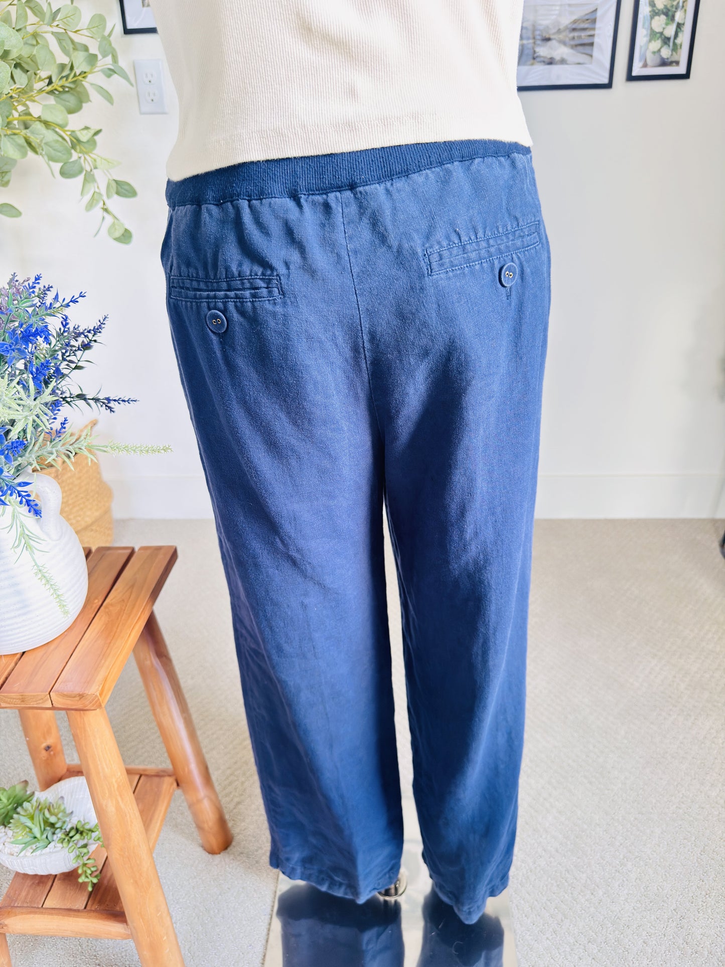 Charter Club Blue 100% Linen Drawstring Wide Leg Pants Size L