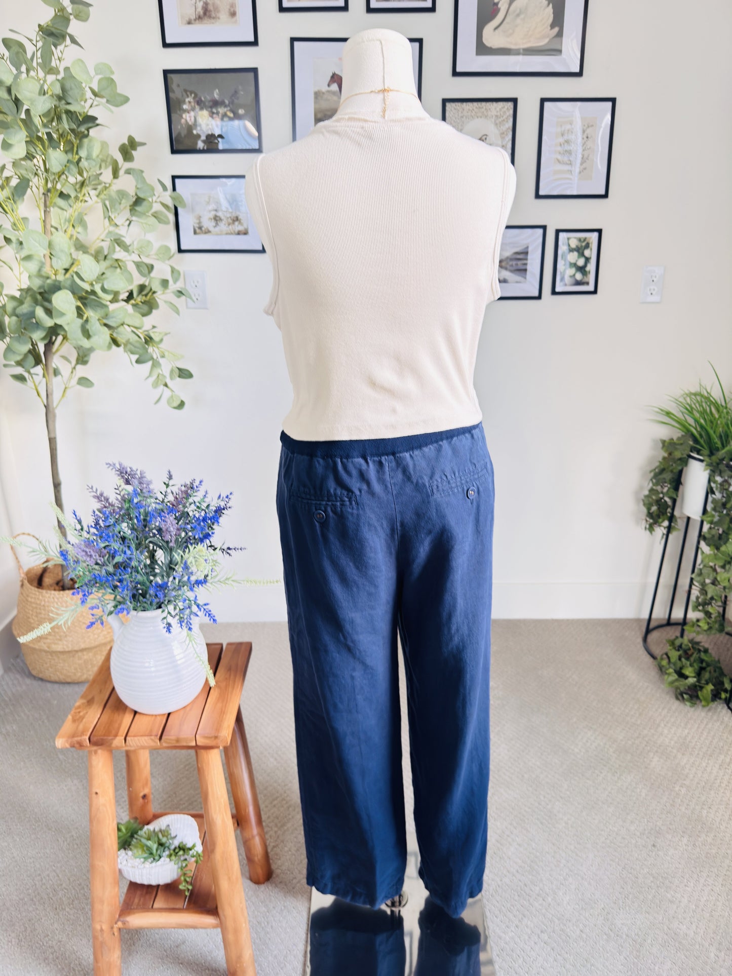 Charter Club Blue 100% Linen Drawstring Wide Leg Pants Size L