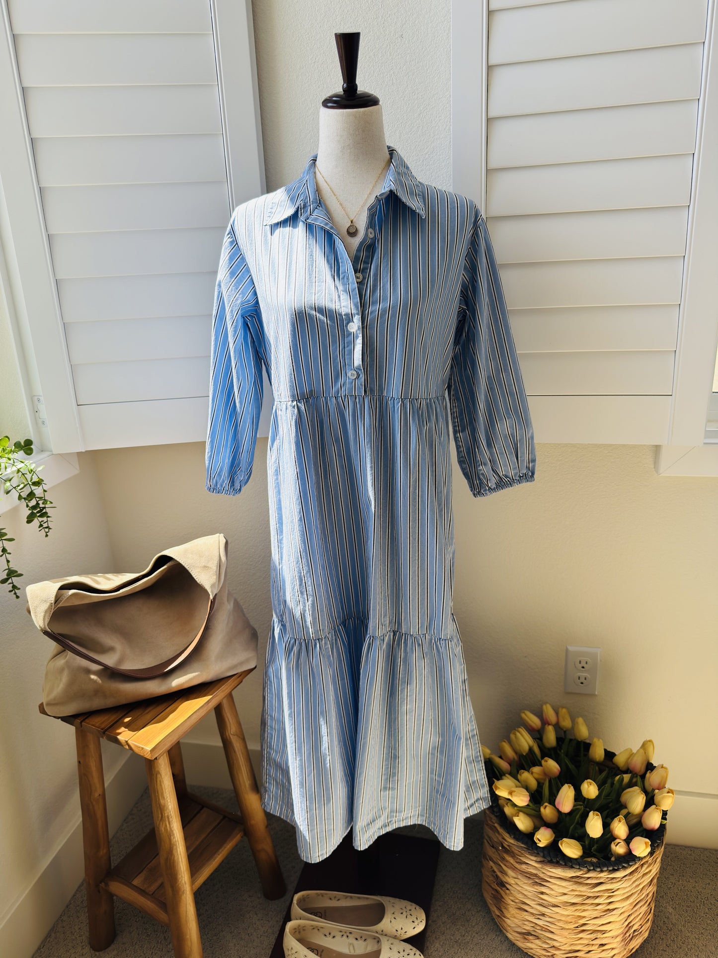 Quince Blue Striped 100% Organic Cotton Tiered Midi Shirt Dress, Size S