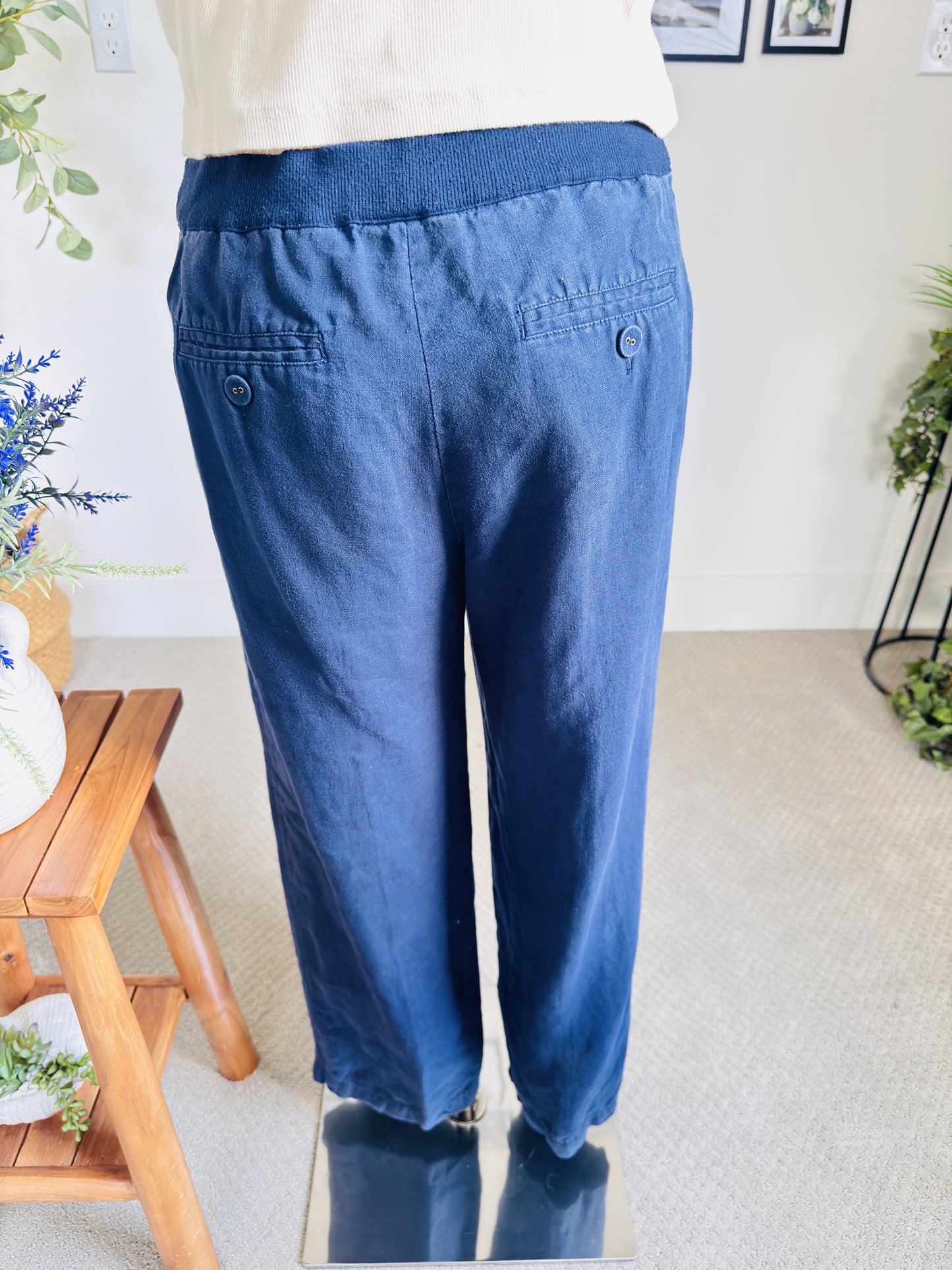 Charter Club Blue 100% Linen Drawstring Wide Leg Pants Size L