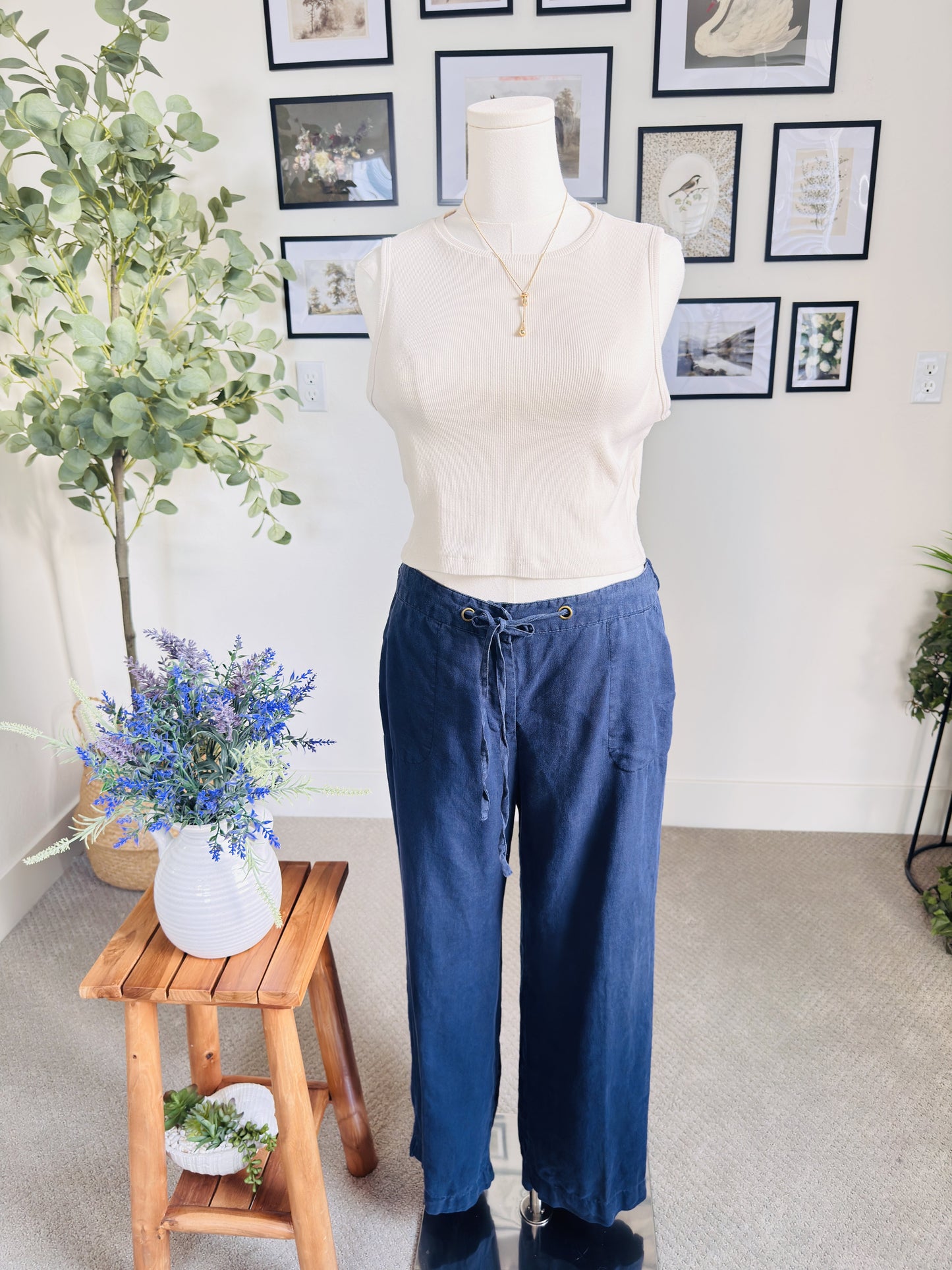 Charter Club Blue 100% Linen Drawstring Wide Leg Pants Size L