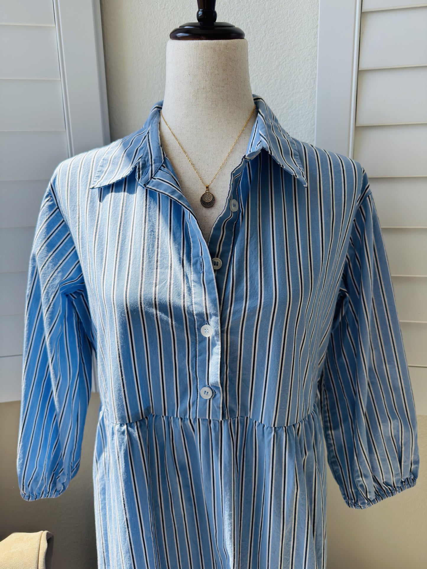 Quince Blue Striped 100% Organic Cotton Tiered Midi Shirt Dress, Size S