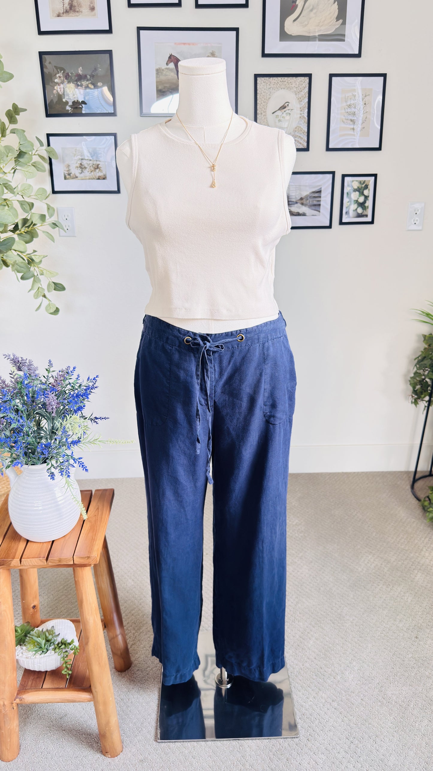 Charter Club Blue 100% Linen Drawstring Wide Leg Pants Size L