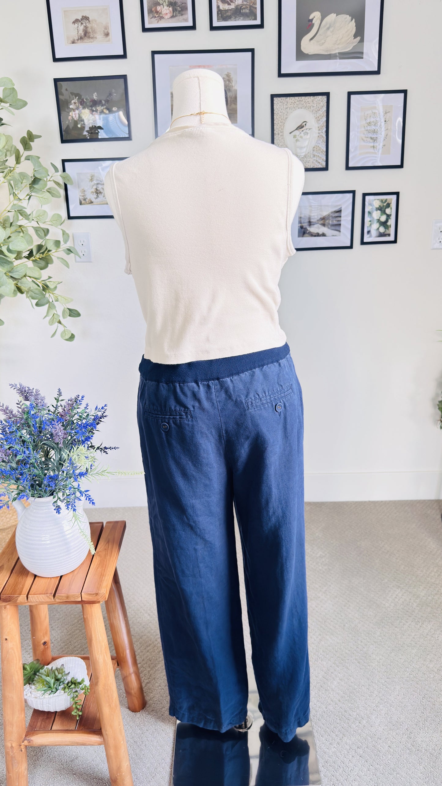 Charter Club Blue 100% Linen Drawstring Wide Leg Pants Size L