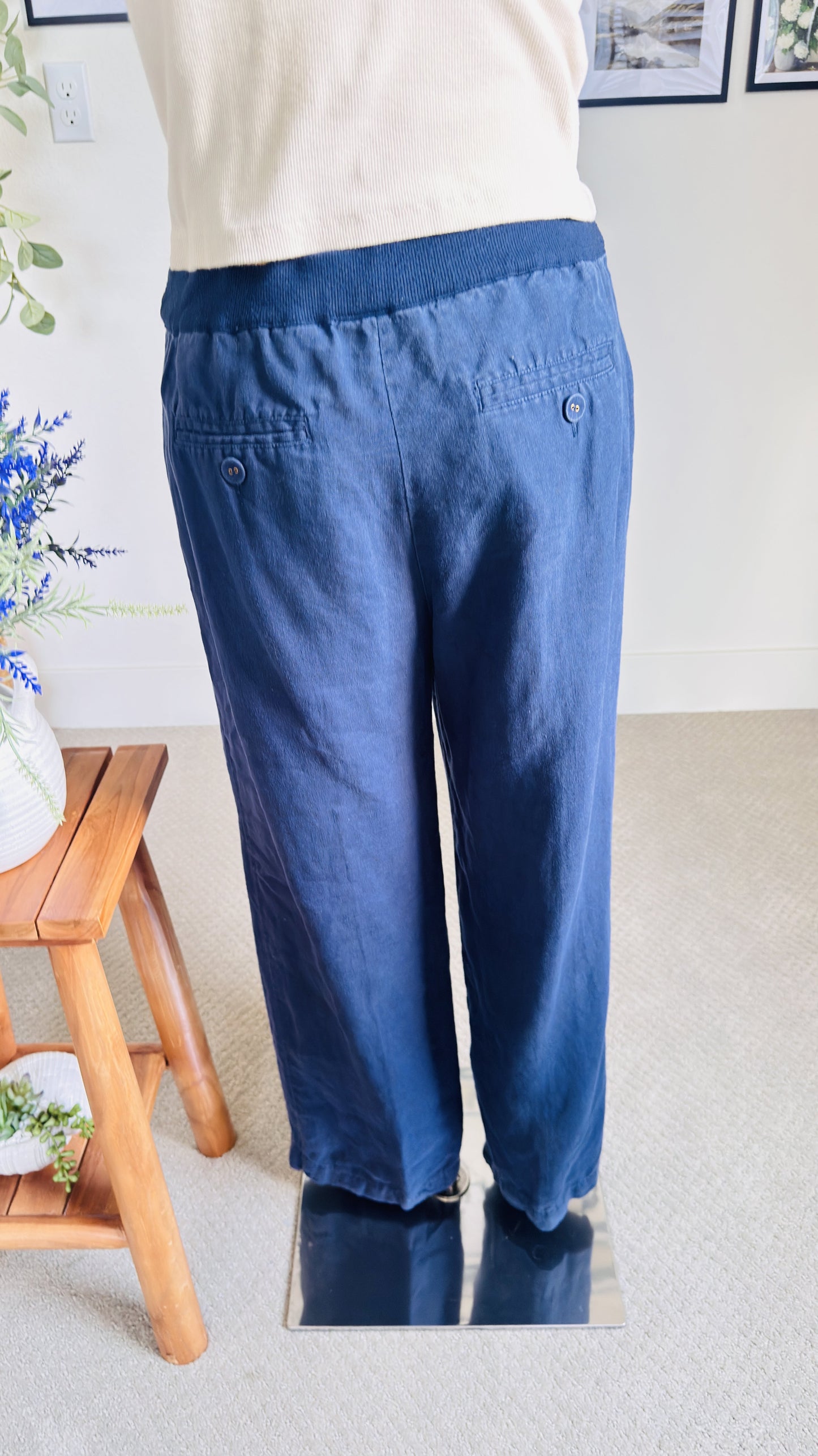 Charter Club Blue 100% Linen Drawstring Wide Leg Pants Size L