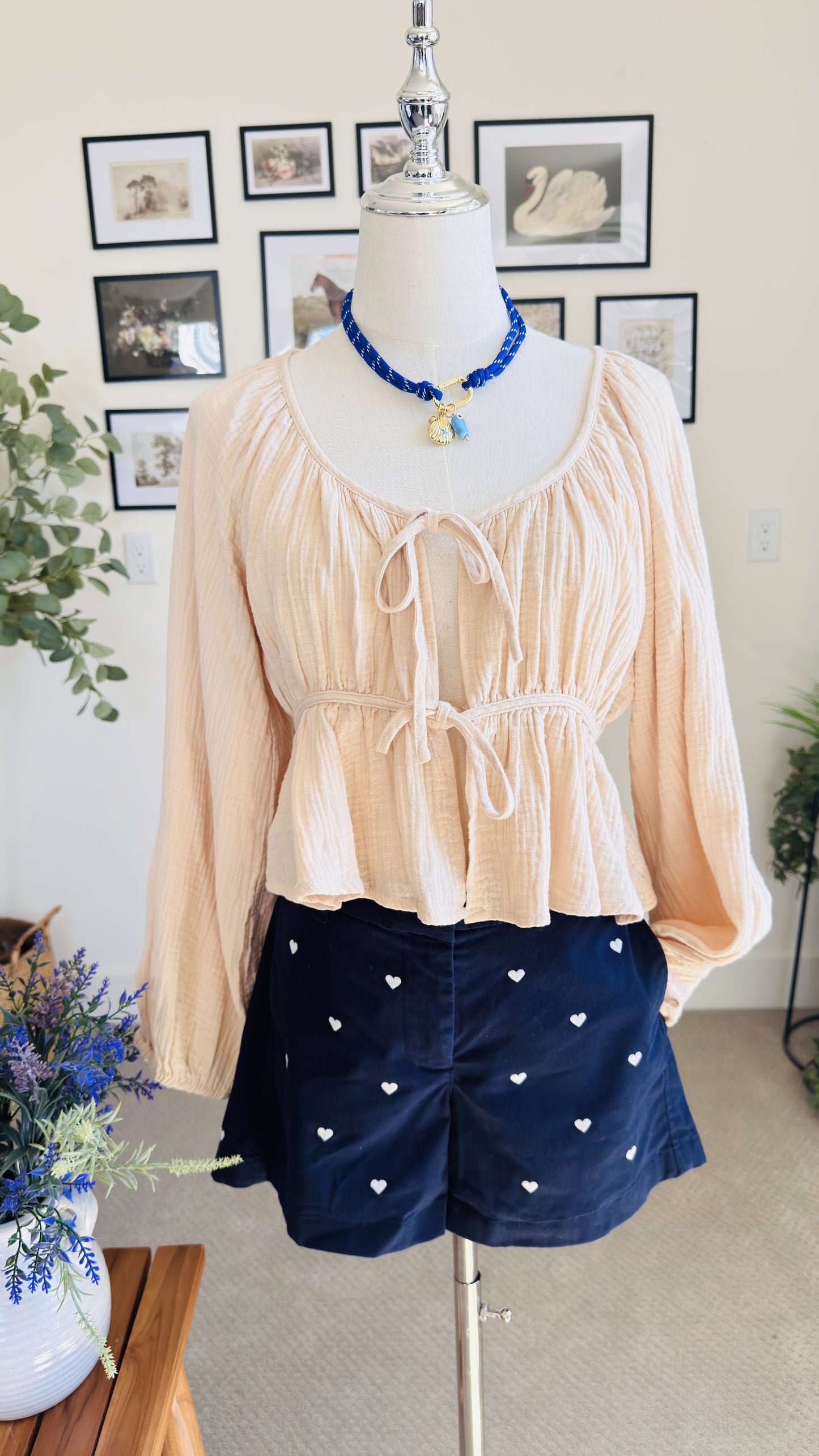 Peach Gauze Tie-Front Peasant Blouse - Size S