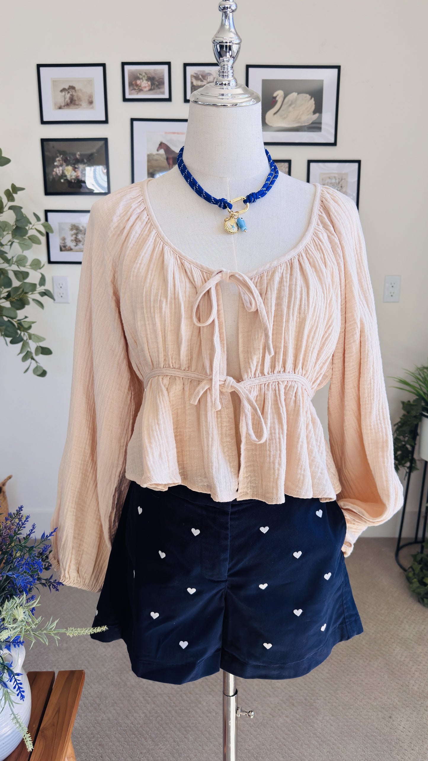 Peach Gauze Tie-Front Peasant Blouse - Size S